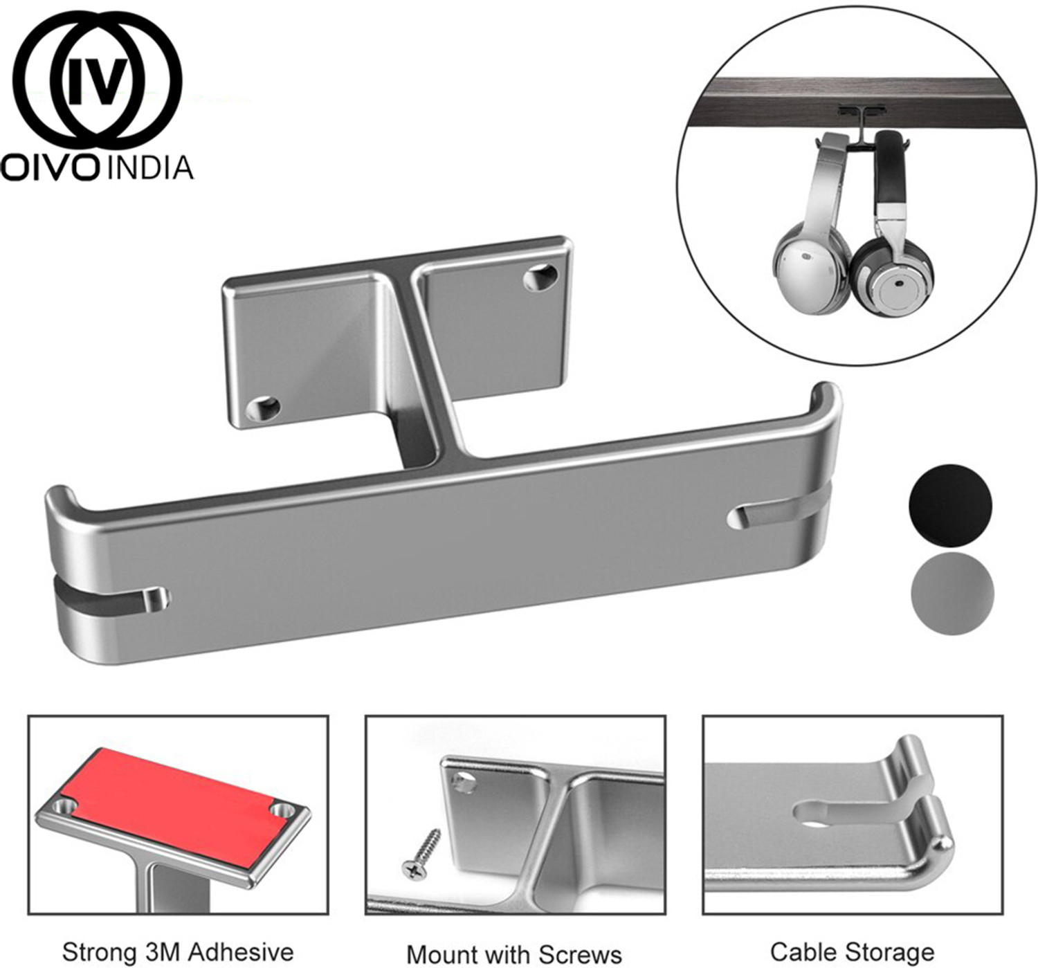 Image of OIVO INDIA Gaming Hanger Headset Hook Holder Mount Under Desk with Cable Organizer for All Headphone Stand