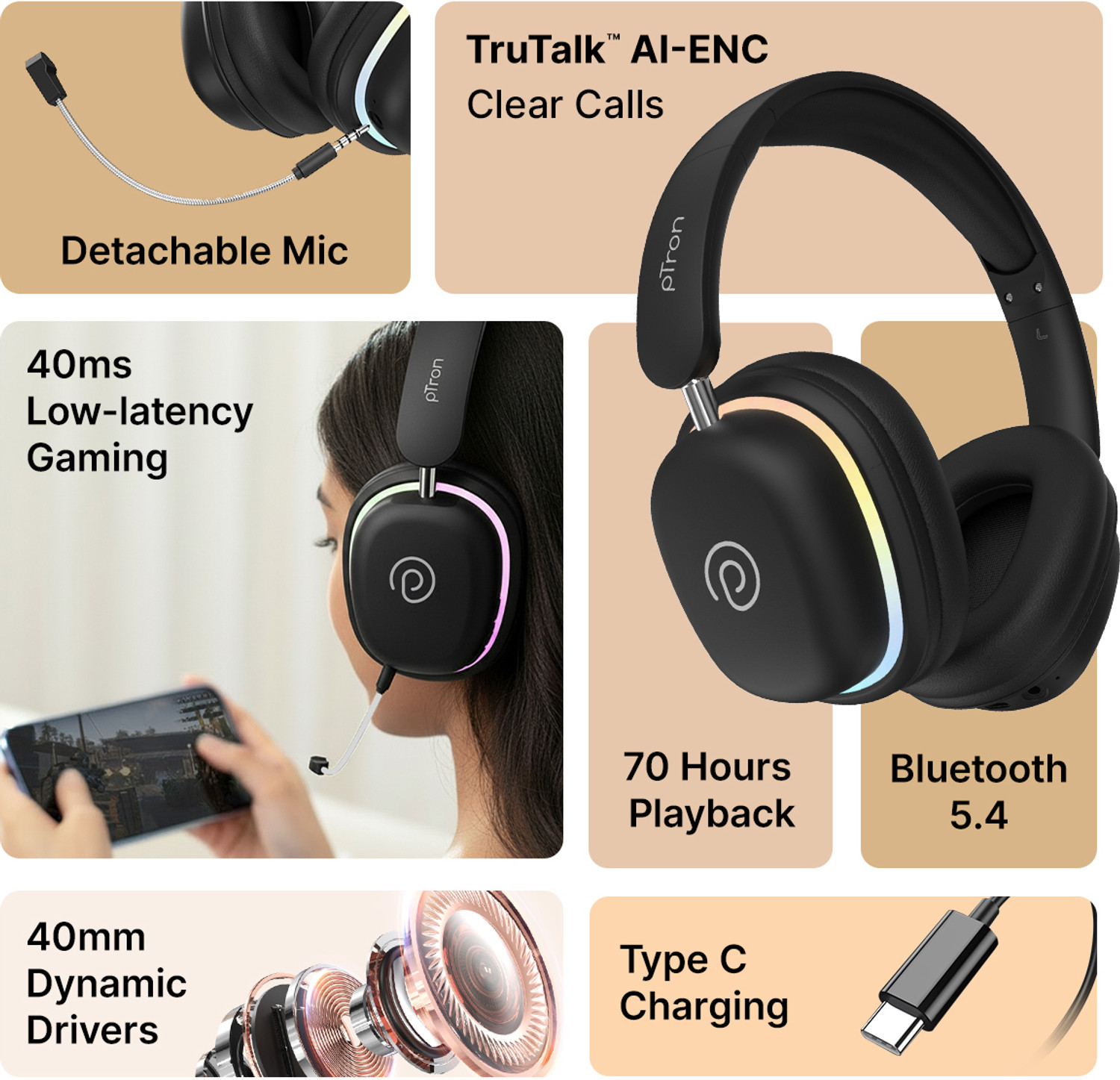 Image of PTron Studio Xtreme w / Dual-Device Pairing, 70Hrs Playtime, AI-ENC Calls, RGB Lights Bluetooth & Wired