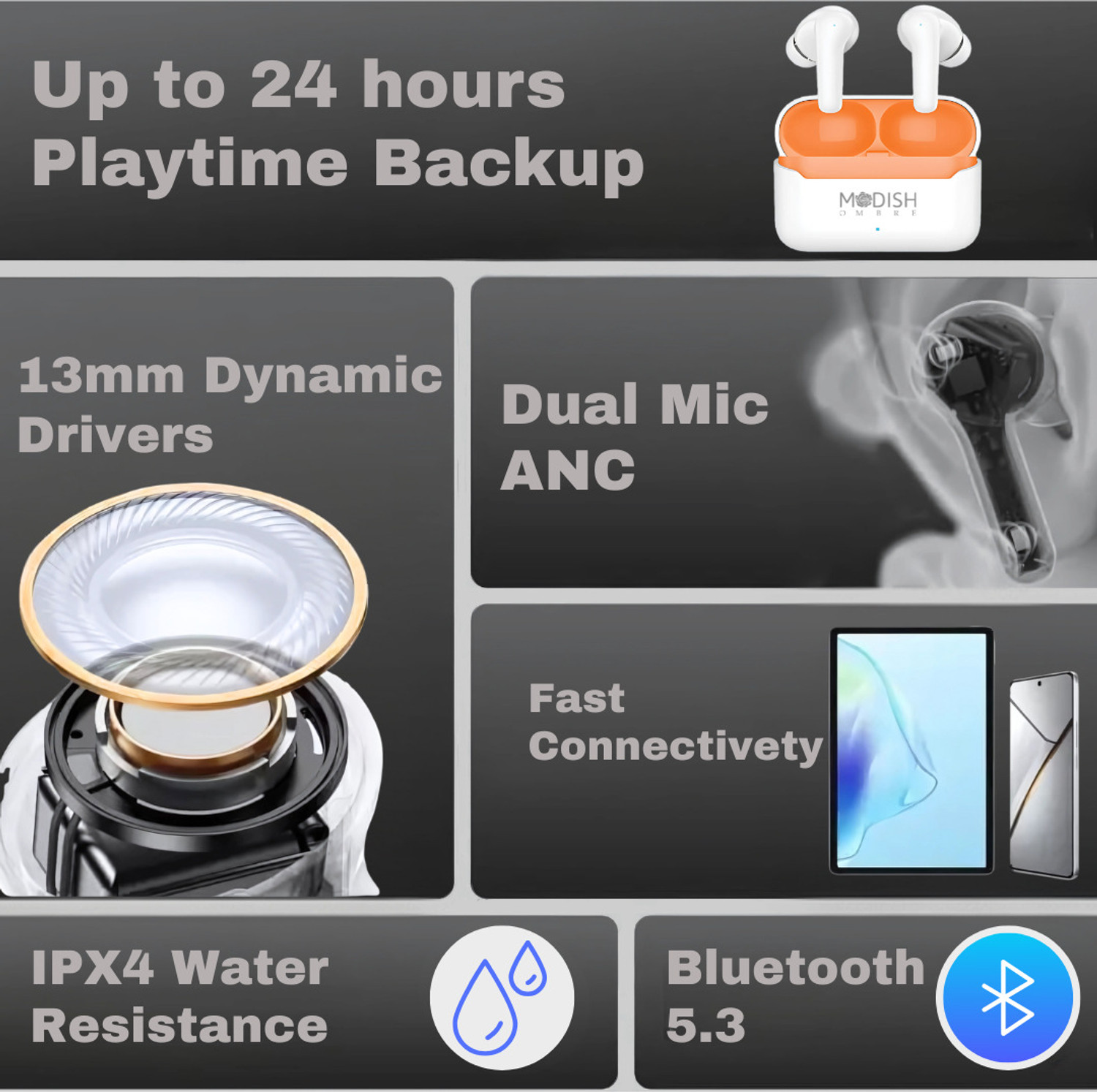 Image of ModishOmbre Futurepods 22 white and orange | Dual Mic Clear Calls | Super Bass TWS Earbuds Bluetooth