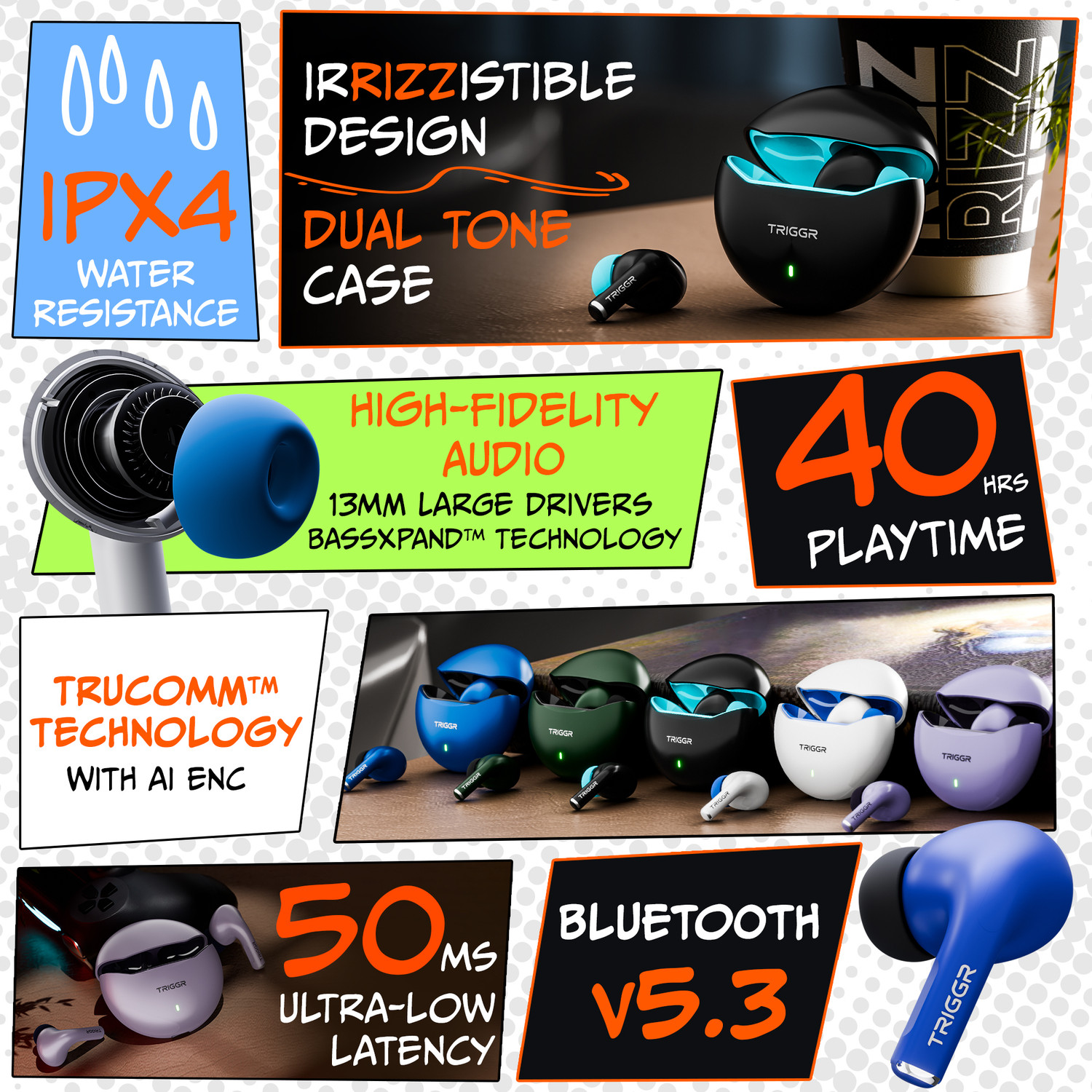 Image of TRIGGR Rizz with 40H Playback, Spherical Design, 13mm Drivers, Rich Bass, Fast Charging Bluetooth