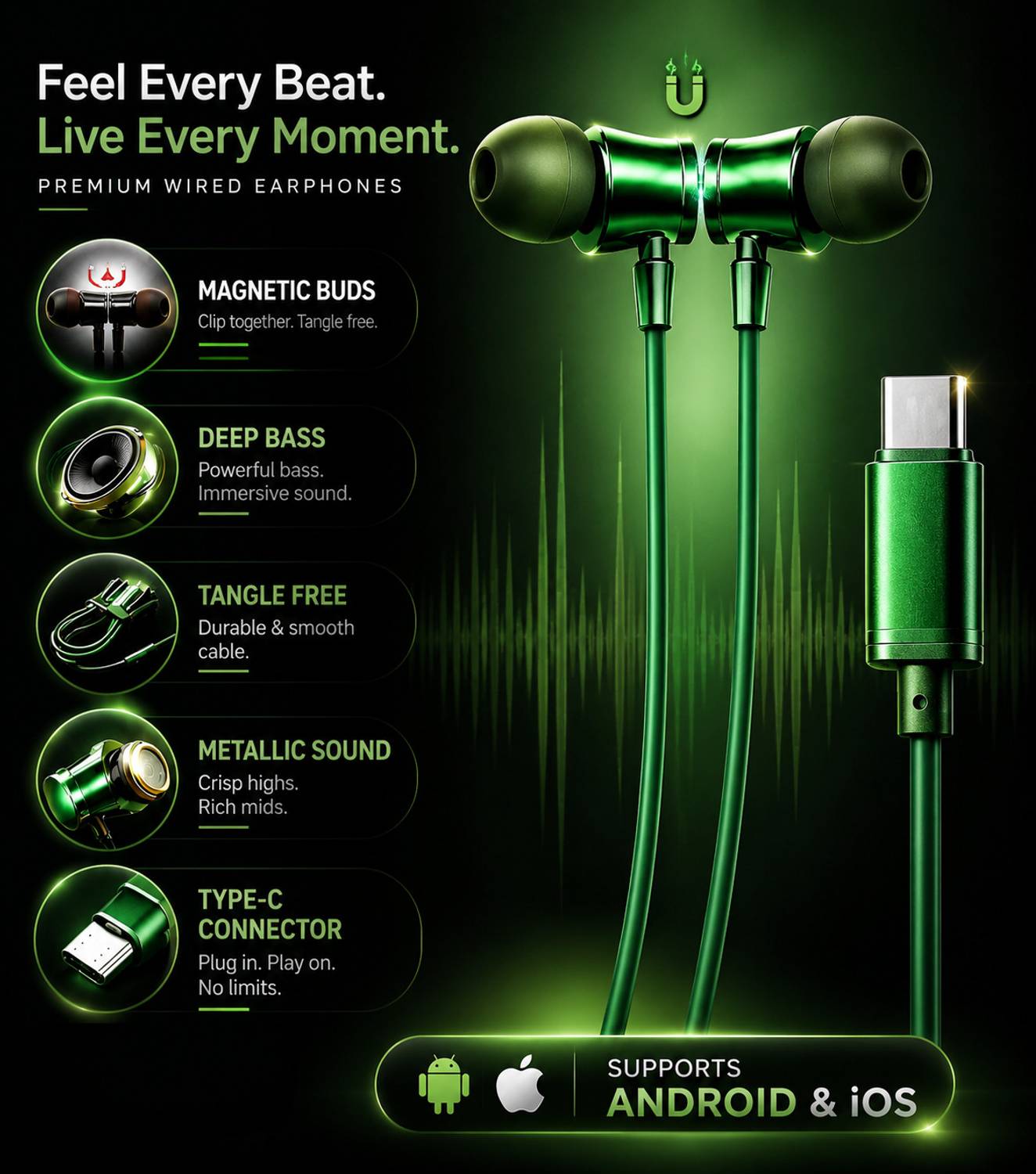PROWARP C Type Magnetic Buds Wired Earphone - Image 2
