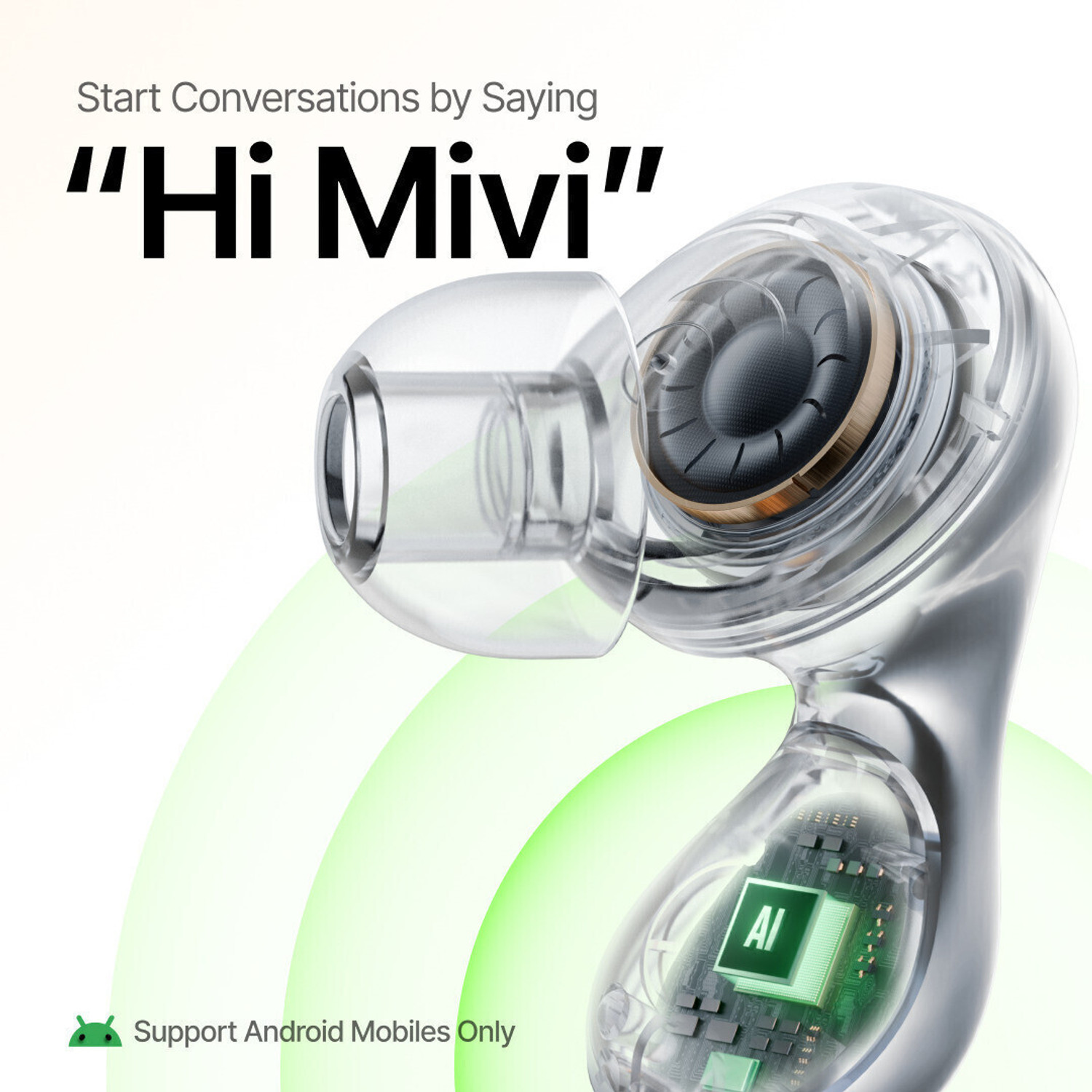 Image of Mivi AI-Buds (Breakthrough Launch), World's 1st Human-like AI, Android Only Bluetooth Headset (Silver, In the Ear)
