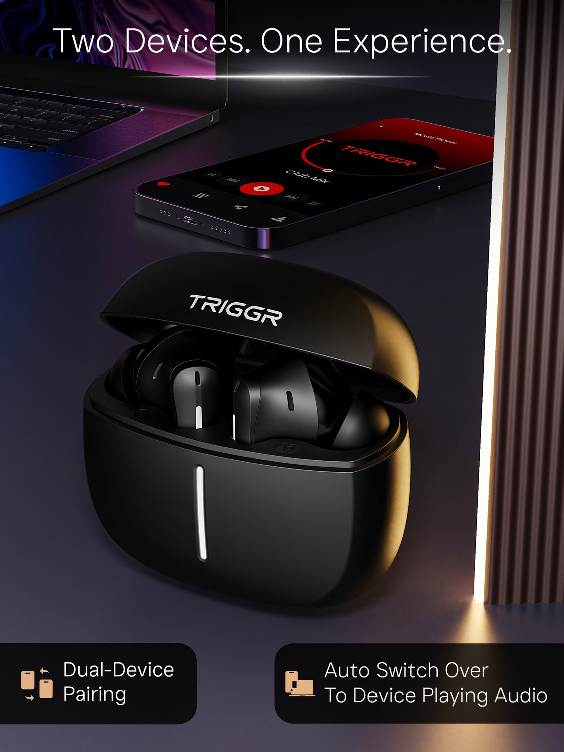 Image of TRIGGR Luma One with Dual Pairing, 4-Mic ENC, 50H Battery, Ambient LED, Rubber Grip Bluetooth