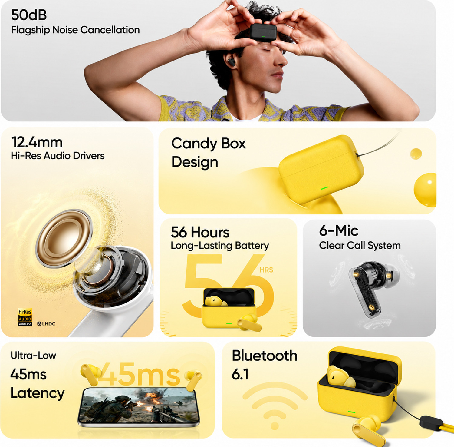 Image of TSEL Buds T500 Pro with 50dB ANC|12.4mm Hi-res Drivers|Spatial Audio|56 Hrs battery Bluetooth Headset (Yellow, True Wireless)