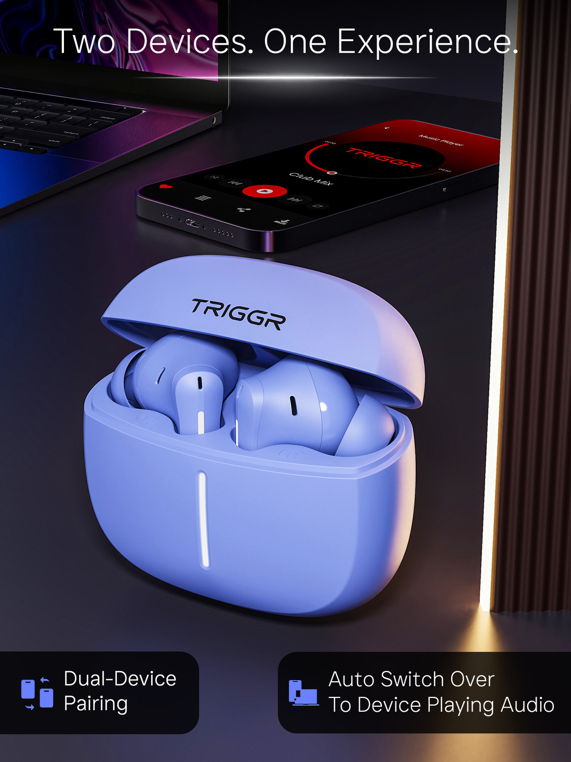 Image of TRIGGR Luma One with Dual Pairing, 4-Mic ENC, 50H Battery, Ambient LED, Rubber Grip Bluetooth