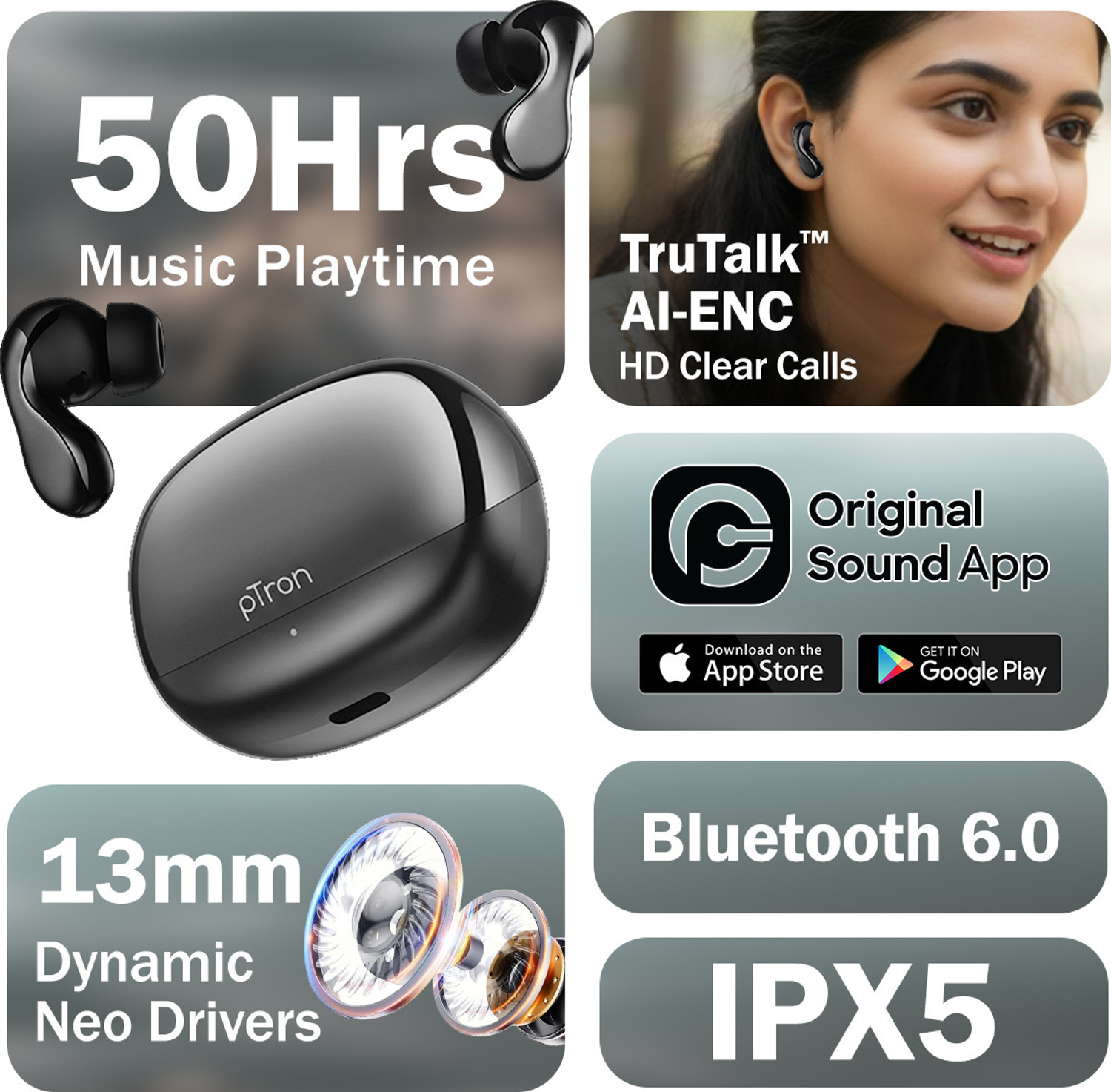 Image of PTron Bassbuds Tango w / 50Hrs Playtime, AI-ENC Calls, Custom EQ, App Support, BTv6.0 Bluetooth
