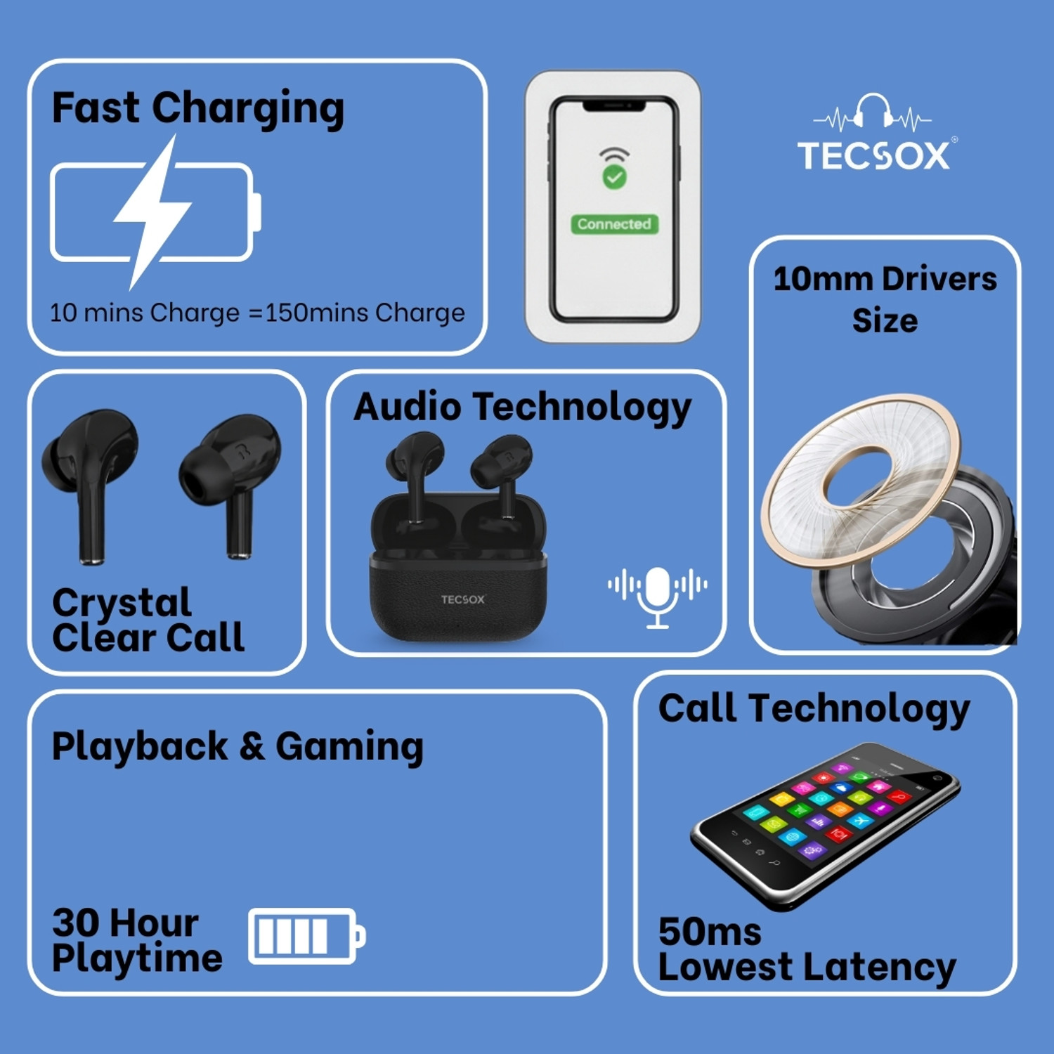 Image of TecSox Moon True Wireless Earbuds Deep Bass, Bluetooth 5.3 & IPX4 Bluetooth