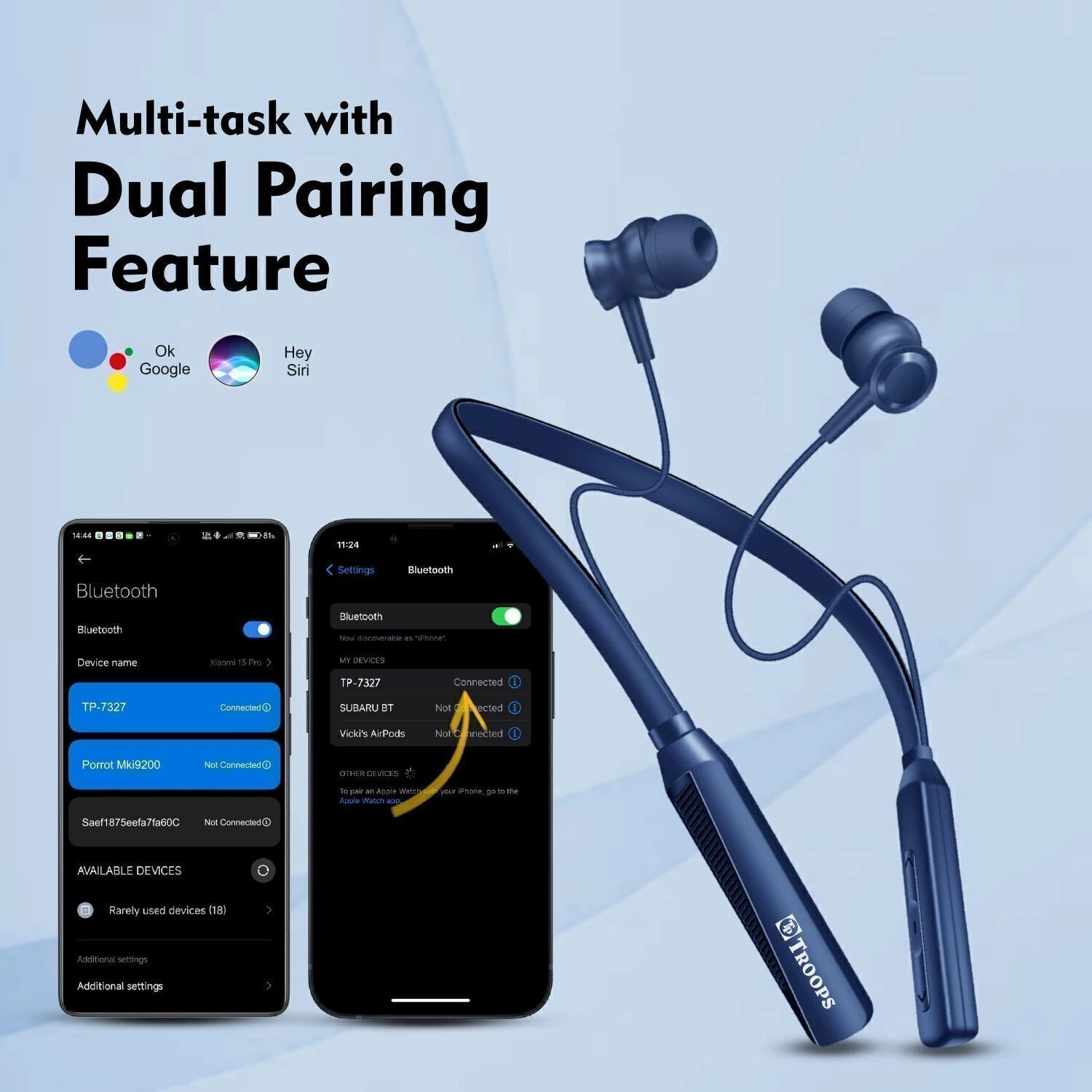 Image of TP TROOPS Wireless in-Ear Neckband Earphones, 10mm Drivers, Above 20 Hrs Playtime Bluetooth & Wired
