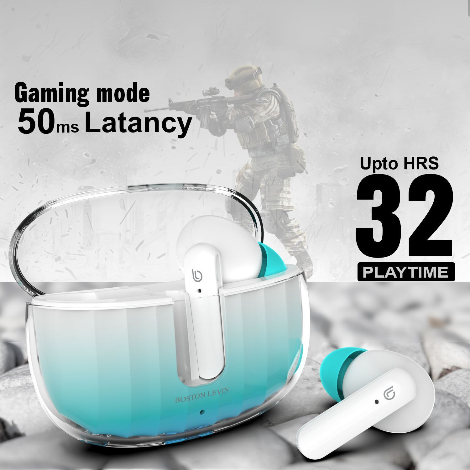 Image of Boston Levin TWS Earbuds with Playtime 30H,Low Latency Gaming,13mm Drivers,IPX5,BT5.3 Bluetooth