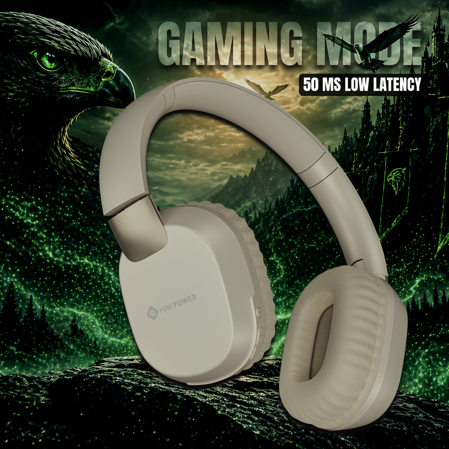 Image of MAK POWER Falcon with 60H Playback, Ideal for Music, Gaming & Calls, Wireless Over-Ear Bluetooth