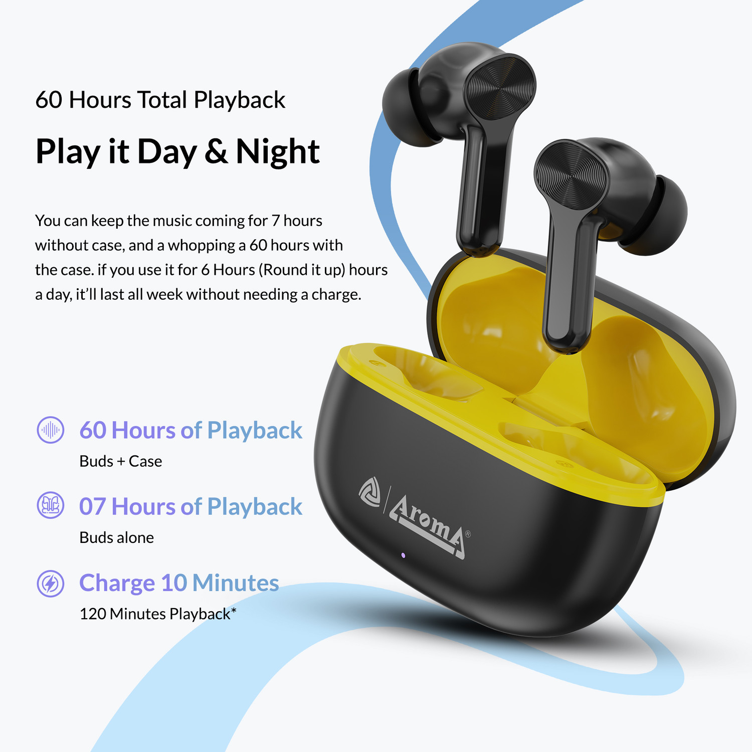 Image of Aroma Buds T200 Lite V5.4 Upto 60Hr Playtime ENC Dual Paring Fast Charging, Heavy Bass Bluetooth