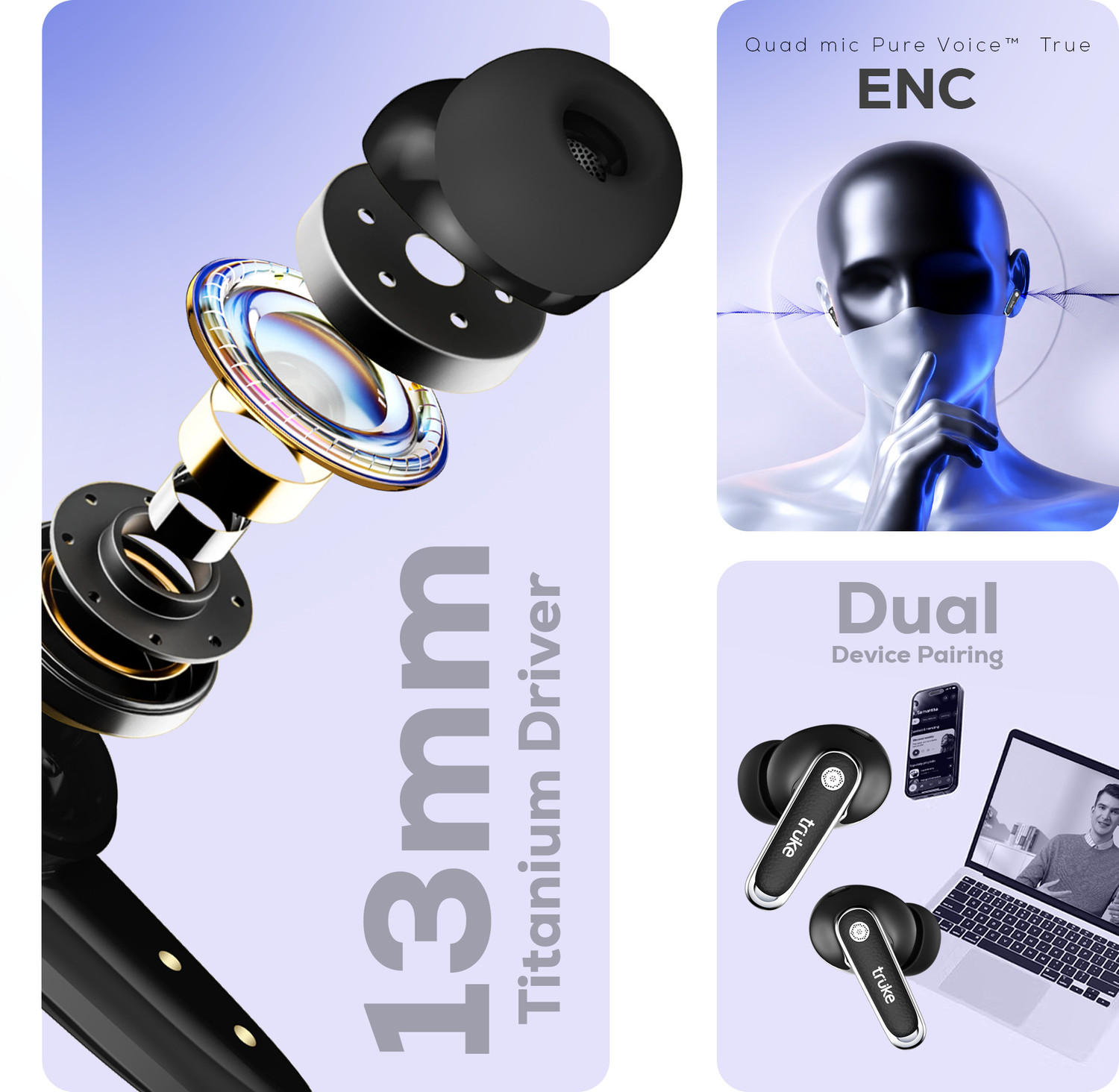 Image of truke Mega 12 Leather Finish TWS, 24bit-Spatial Audio, Dual Pairing buds, Quad Mic ENC Bluetooth