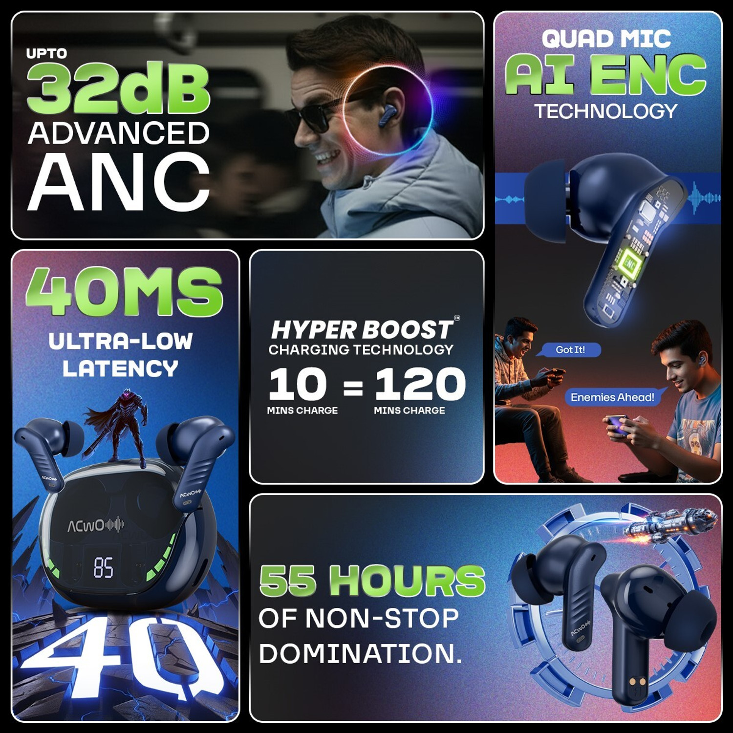 Image of ACwO DwOTS 565, 40ms Game Mode, 55Hrs Playtime, up to 32dB ANC, 10mm Drivers Bluetooth Gaming