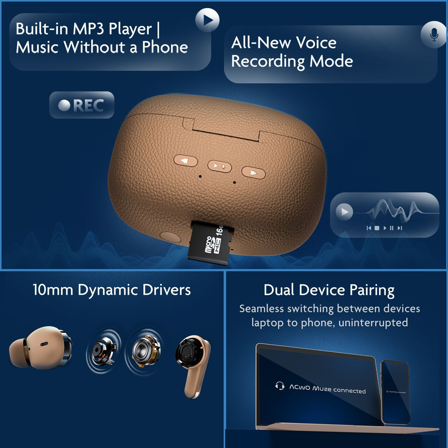 Image of ACwO DwOTS Muze: In-Built MP3 Player, TF Card, Recording, Live Listening, 45H Plytm Bluetooth