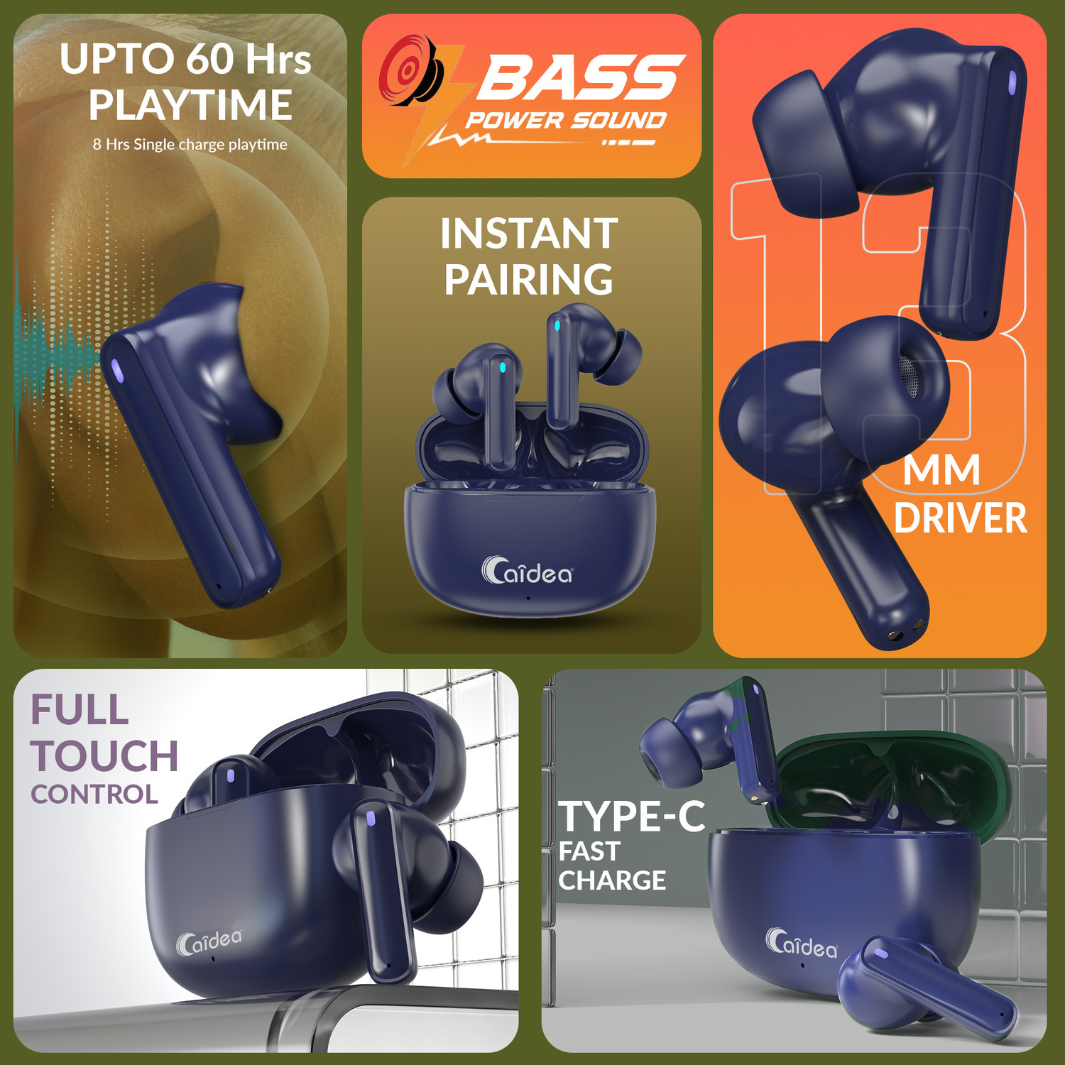 Image of Caidea TW88 Candy V5.4, Upto 60Hr Playtime* Dual Pairing Fast Charging Earbuds Bluetooth