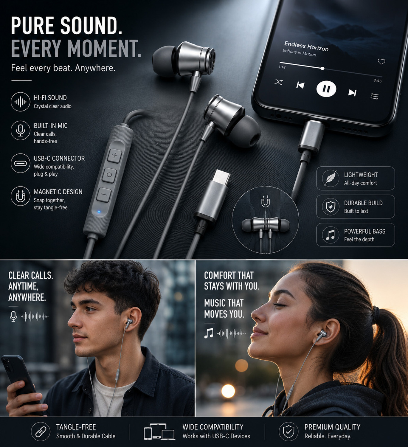 Image of PROWARP Type-C Wired Earphones with Super HD Sound, Deep Bass, Built-in Microphone Wired