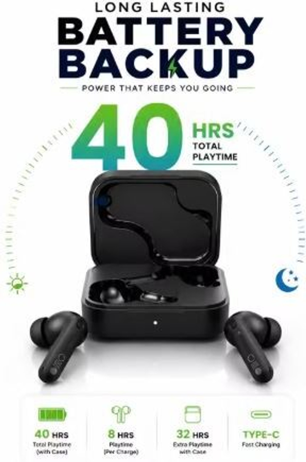 Image of GT GLO TIME WIRELESS MCF TWS Buds with 45 dB Ultra Bass Technology & upto 20Hrs V.P52 Bluetooth & Wired Headset (Black, True Wireless)