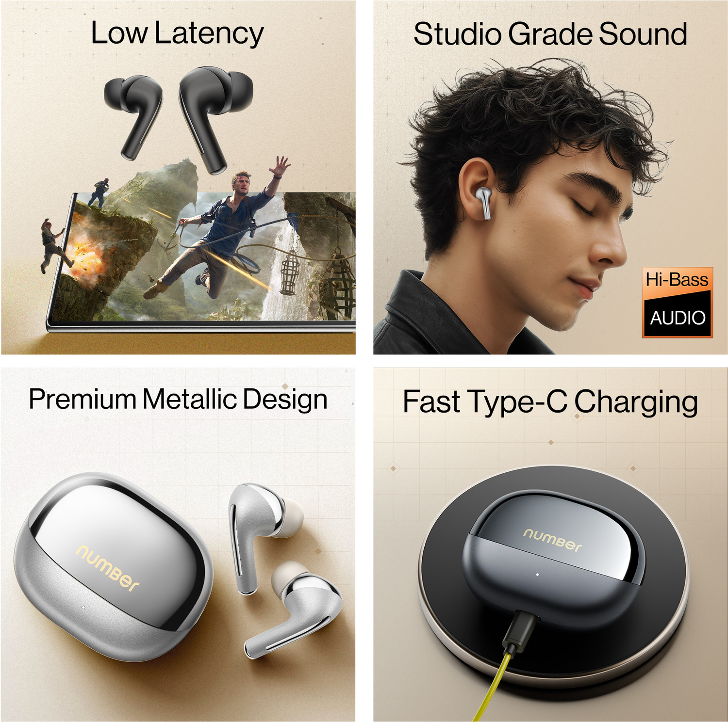 Image of Number Navo Buds X3 w / 50H Playtime, Dual Pairing, 13mm Speakers, ENC, 45ms Low Latency Bluetooth