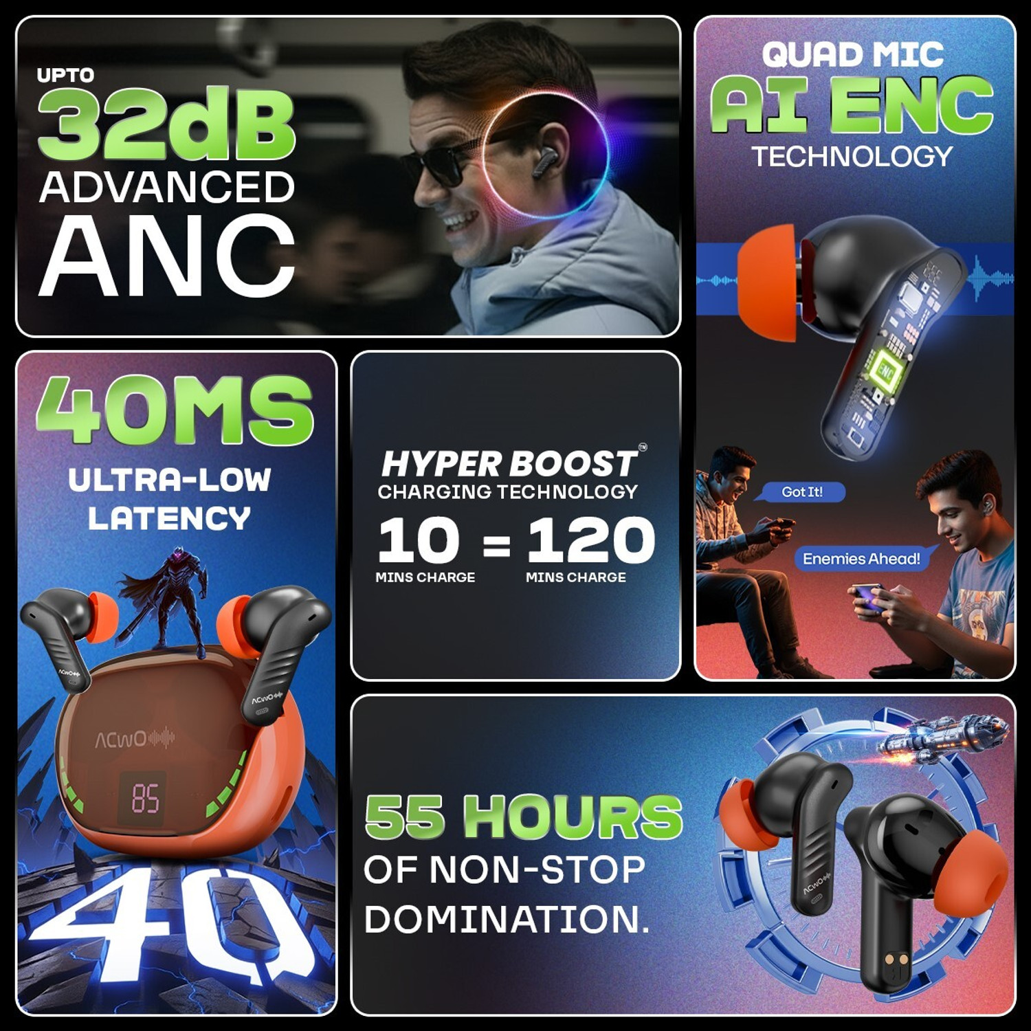 Image of ACwO DwOTS 565, 40ms Game Mode, 55Hrs Playtime, up to 32dB ANC, 10mm Drivers Bluetooth Gaming