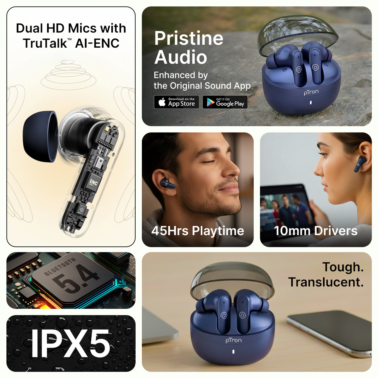 Image of PTron Bassbuds Indie w / AI-ENC Clear Calls, 45hrs Playtime, Custom EQ, App Support Bluetooth