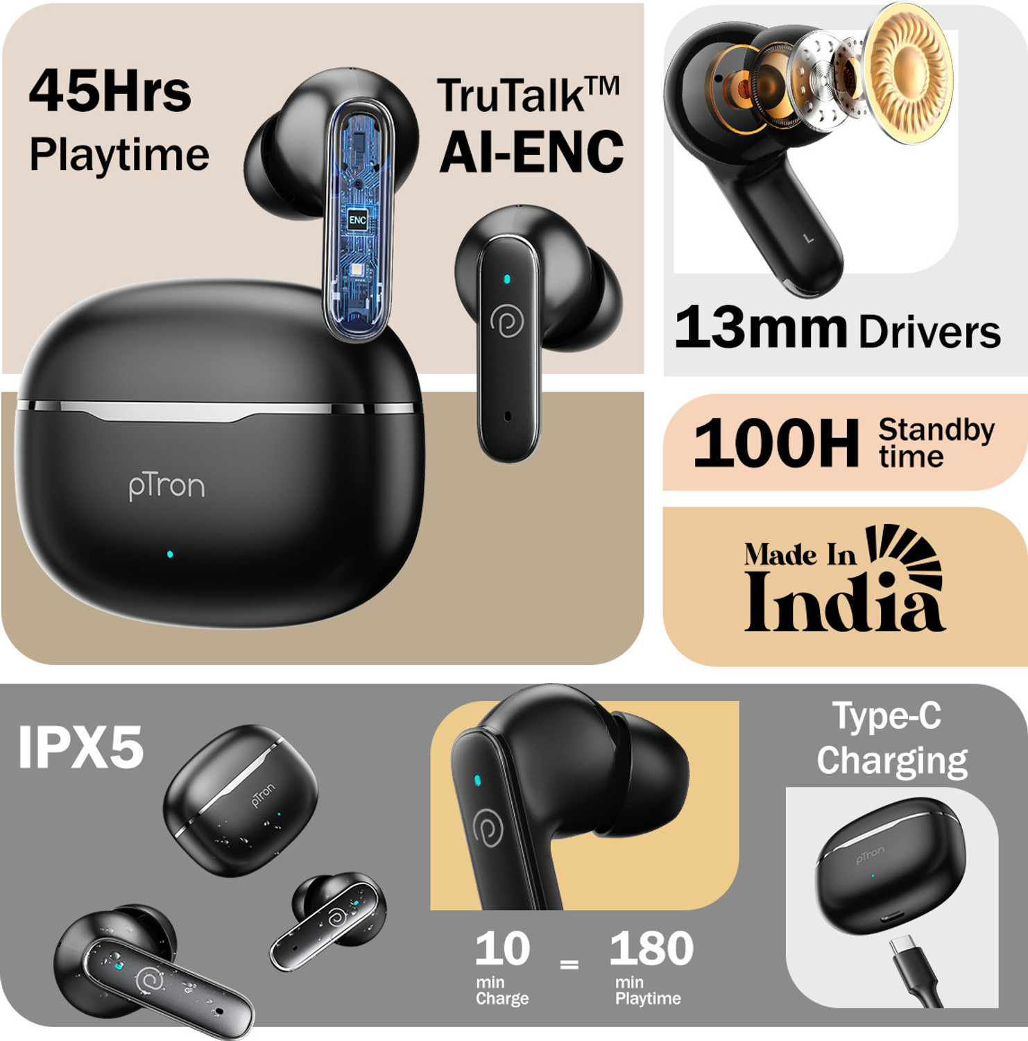 Image of PTron Bassbuds Eon w / 45hrs Playtime, 13mm Drivers, AI-ENC Calls,Custom EQ, Mobile App Bluetooth
