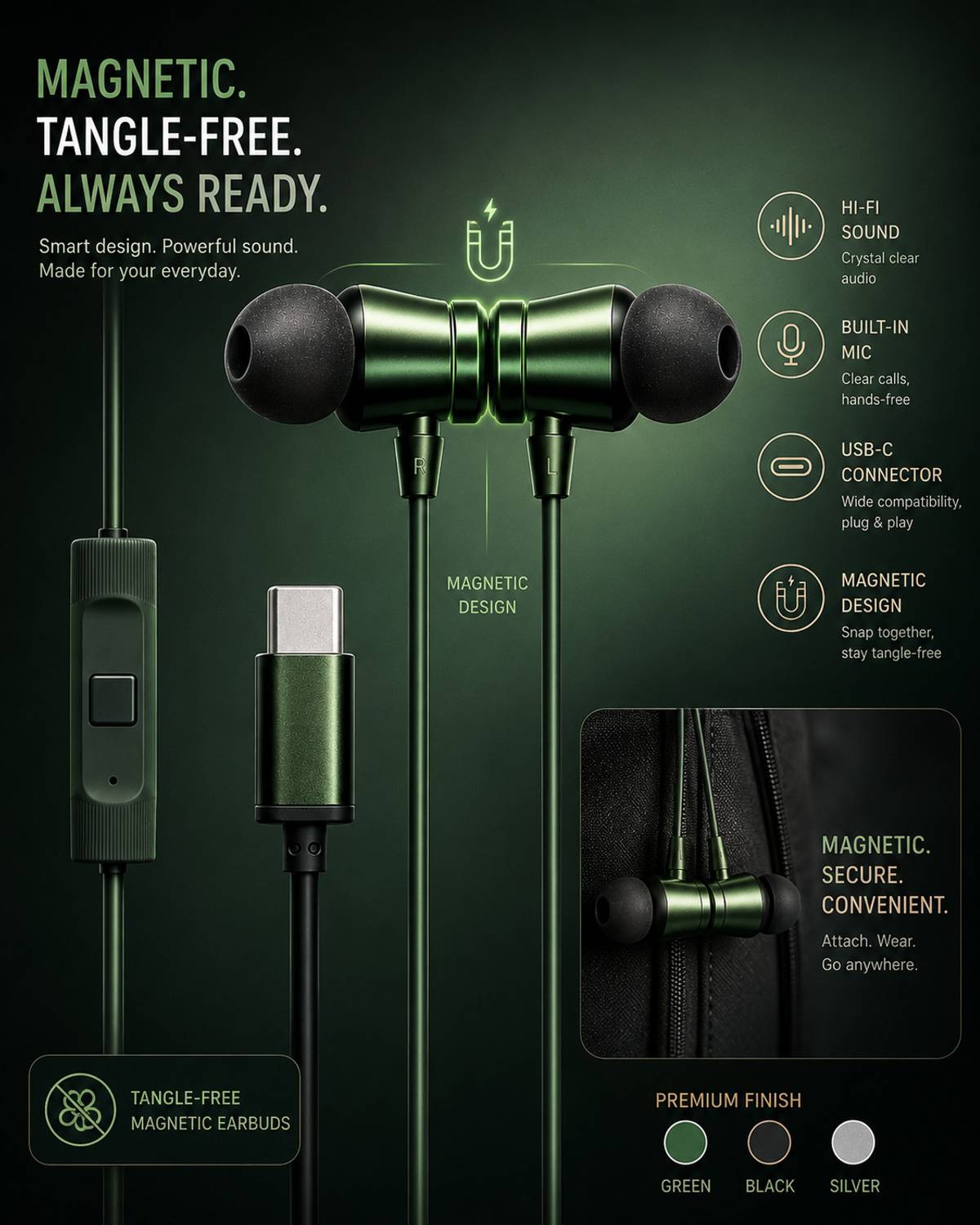 PROWARP C Type Magnetic Buds Wired Earphone - Image 1