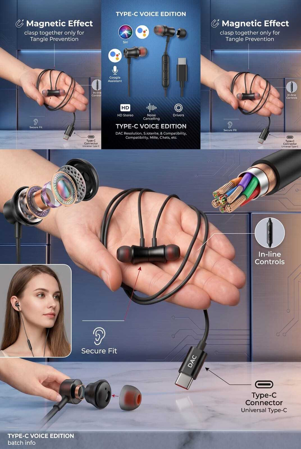 Image of RSTEQ C Type Magnetic Wired Earphone With ENC Mic Dolby HD Sound & Button Control Wired Gaming