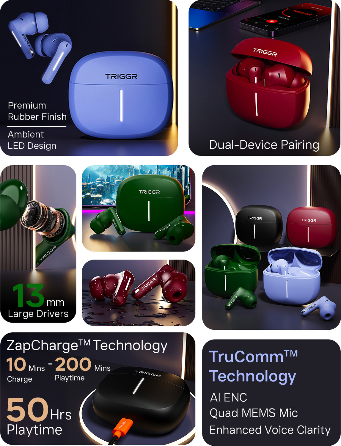 Image of TRIGGR Luma One with Dual Pairing, 4-Mic ENC, 50H Battery, Ambient LED, Rubber Grip Bluetooth