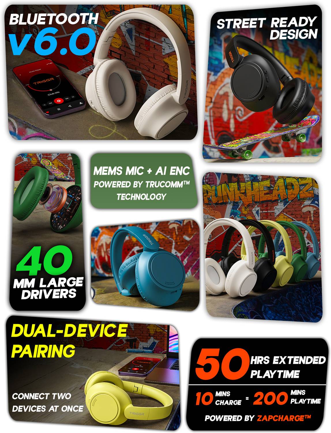 TRIGGR Punkheadz Z4 50H Battery Bluetooth Headphones - Image 2