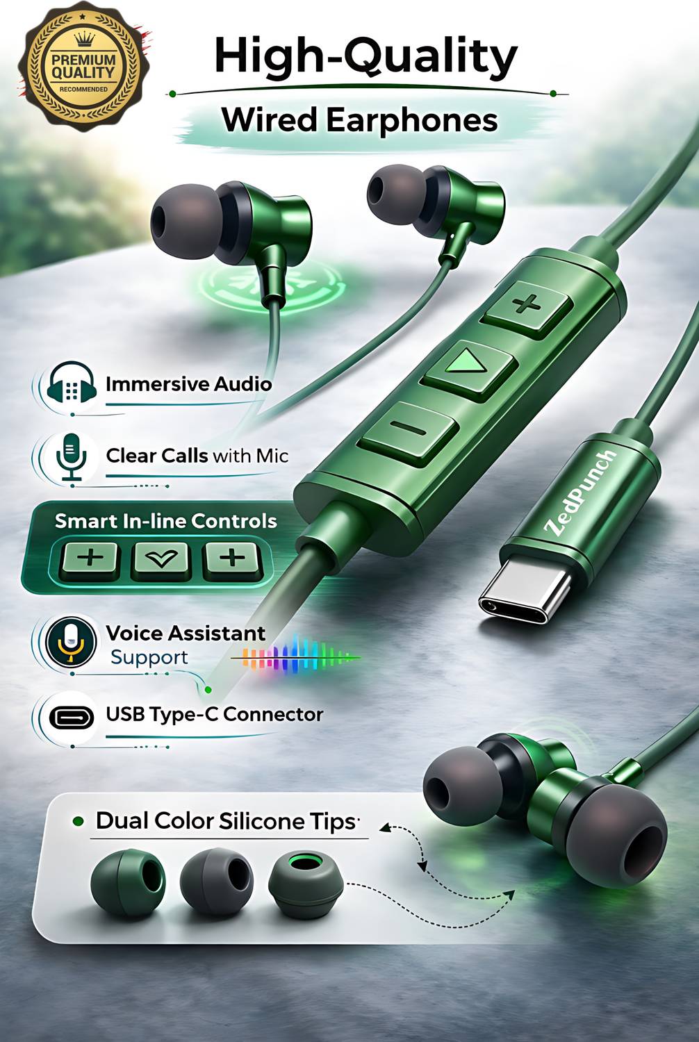ZedPunch Type-C Magnetic Wired Earphones With Mic & Button Control