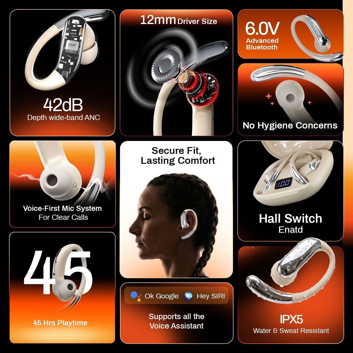 Image of ACwO DwOTS Sense Pro Open Ear Earbuds, ANC 42dB, 45H Playtime, Dual Pairing, Bt v6.0 Bluetooth