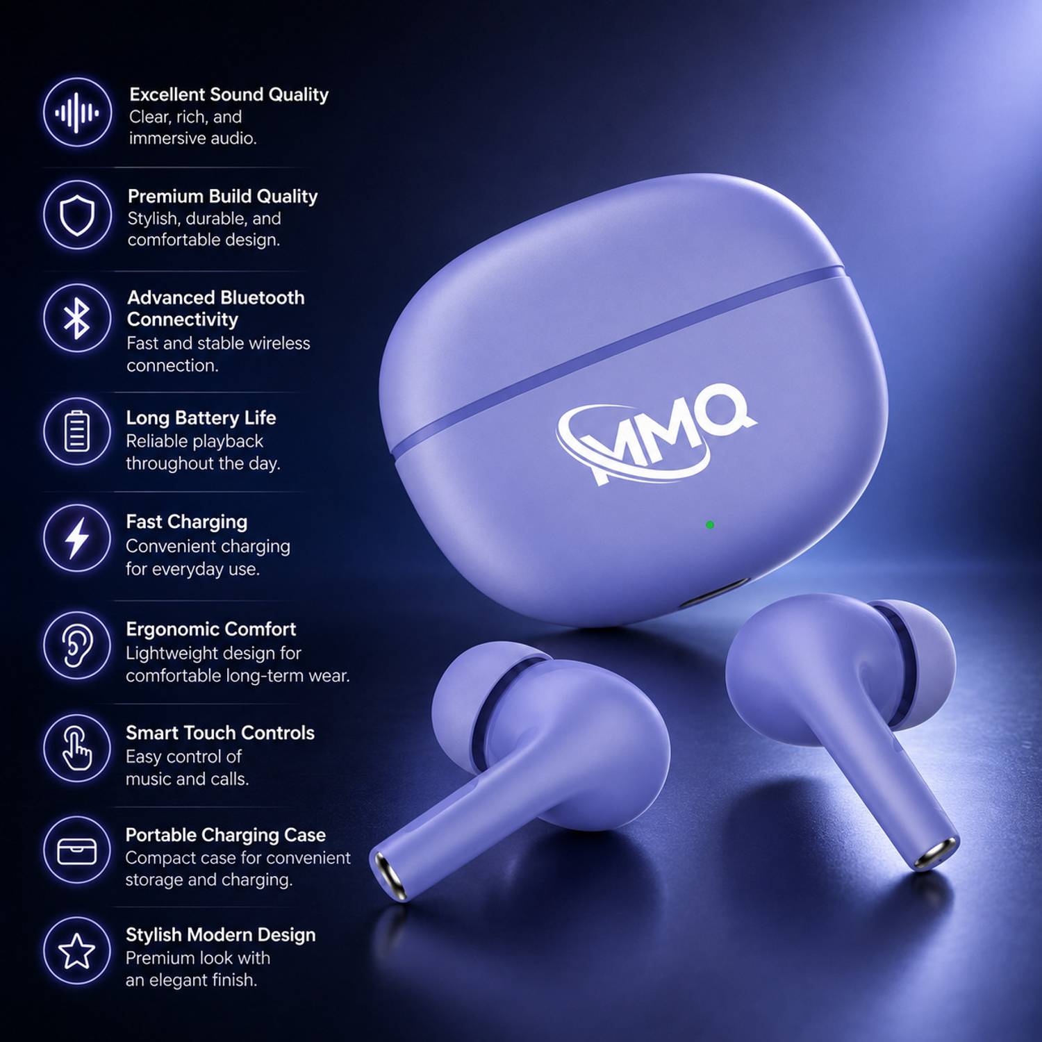 MMQ Wireless Earbuds Bluetooth Purple - Image 4