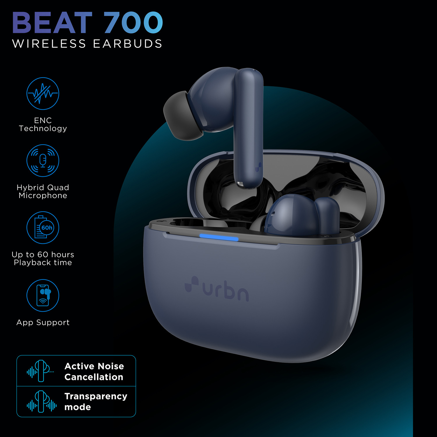 Image of URBN Active Noise Cancellation Earbuds with Quad Mic, 60H Playtime Bluetooth