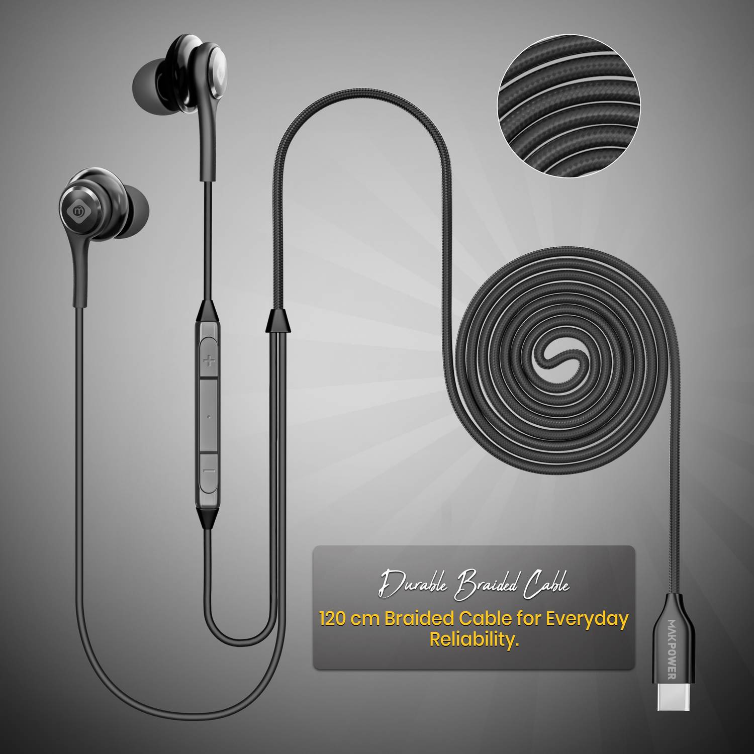 MAK POWER Type-C Wired Earphone, 120 cm Cable, in-Line Mic - Image 4