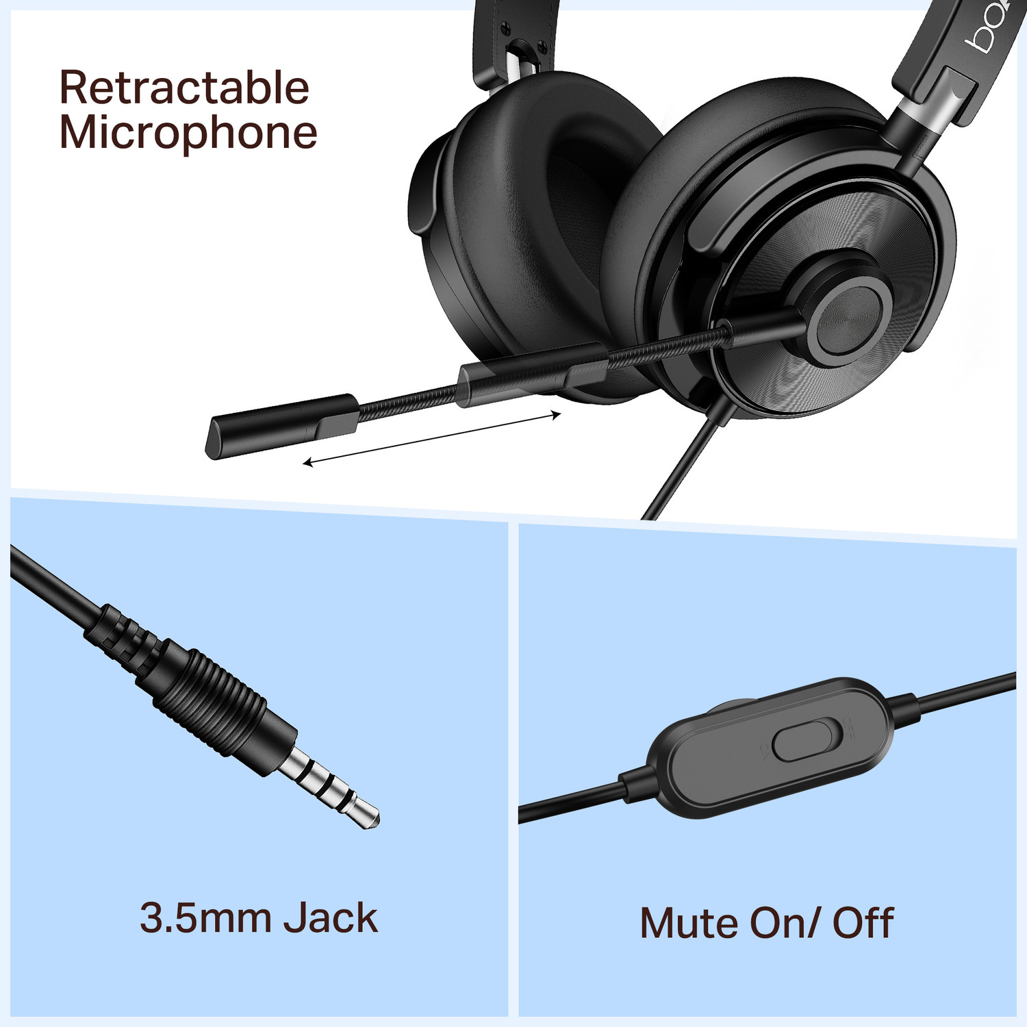Image of boAt BassHeads 901 Pro 3.5mm Wired Headphones, Unidirectional Retractable Mic Wired