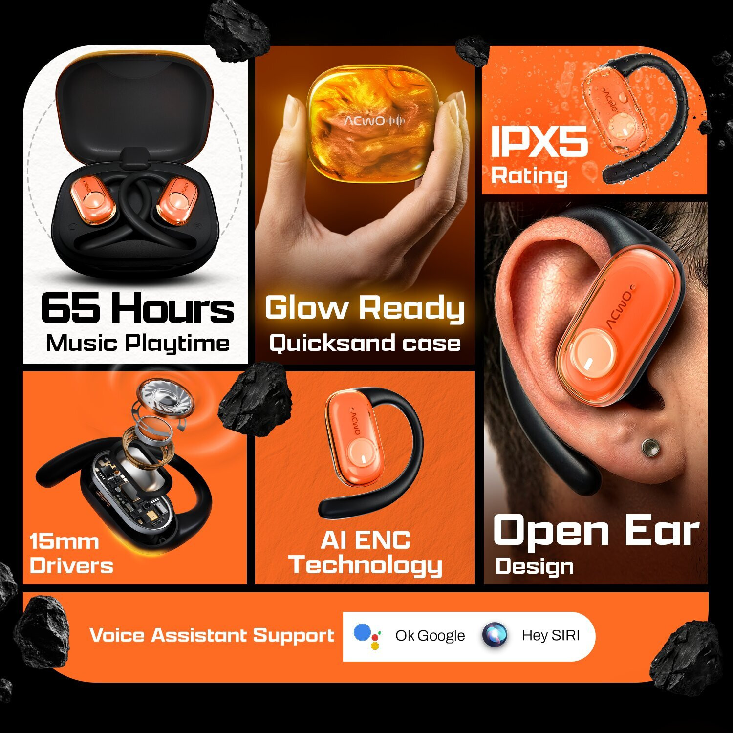 Image of ACwO DwOTS Fire Max Open Ear Wireless Earbuds, 65h Playtime, AI-ENC, 15mm Drivers Bluetooth