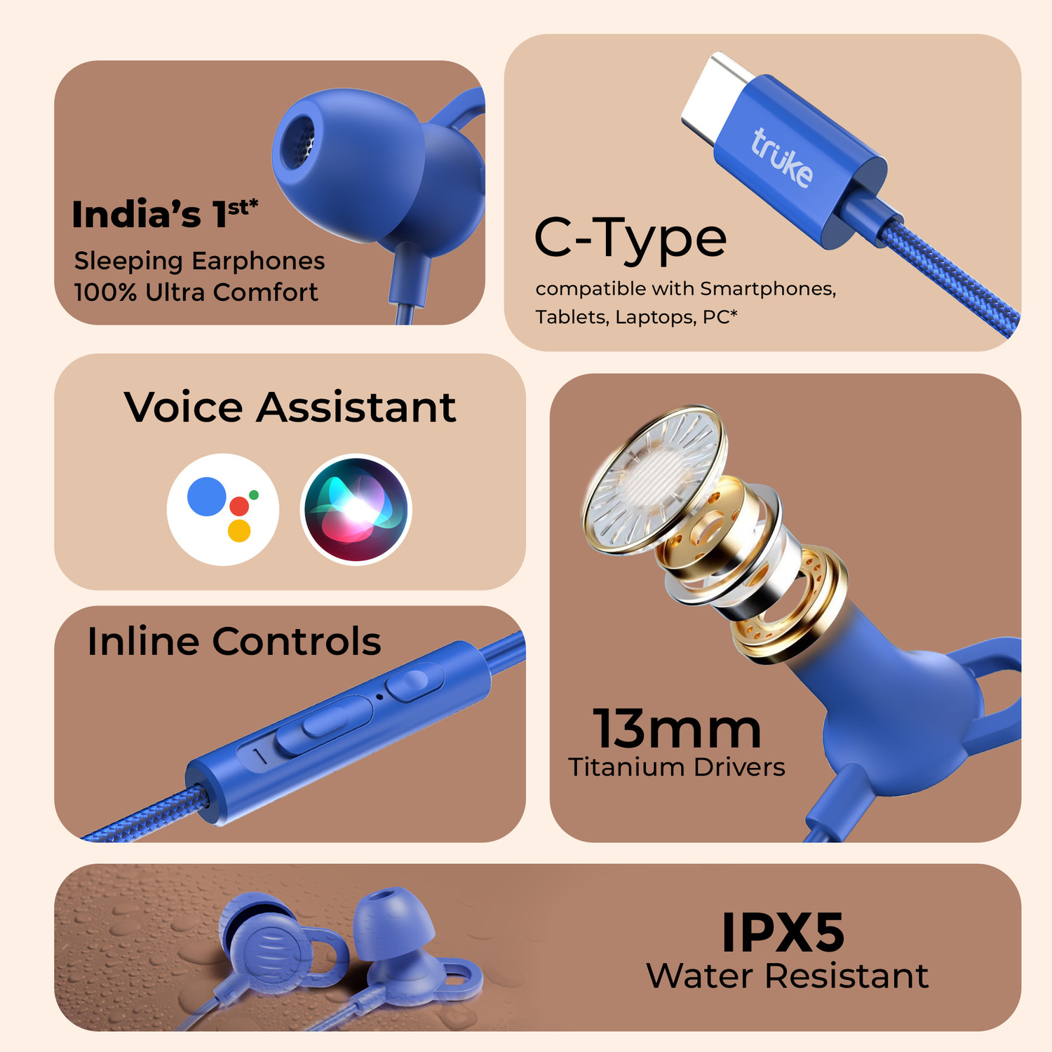 Image of truke Bass S2 Sleeping earphone w / 100% silicone tip, type-C, Mic, Multifuctional Keys Wired