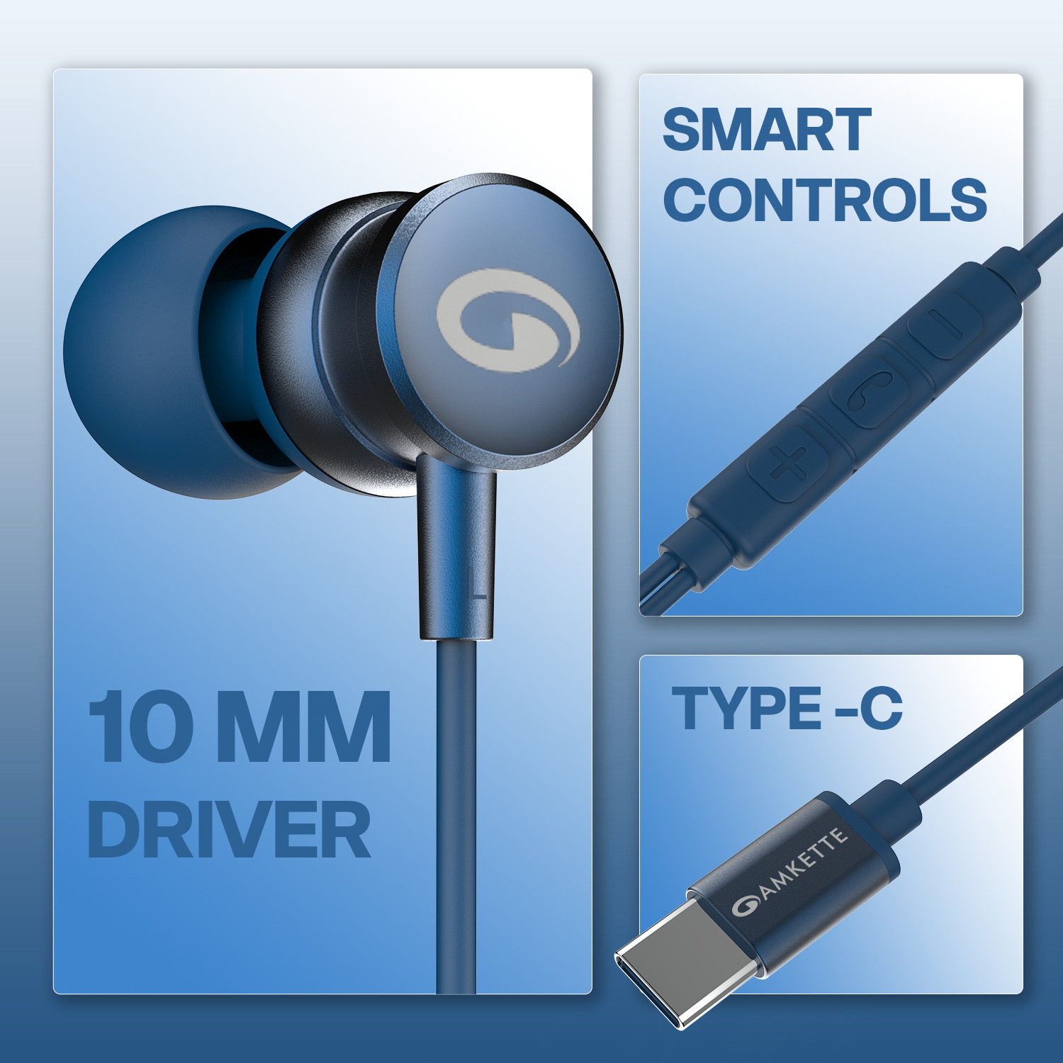 Image of AMKETTE Trubeats M15 Type C Wired Earphones with Mic, 10mm Drivers & 3 Button Control Wired