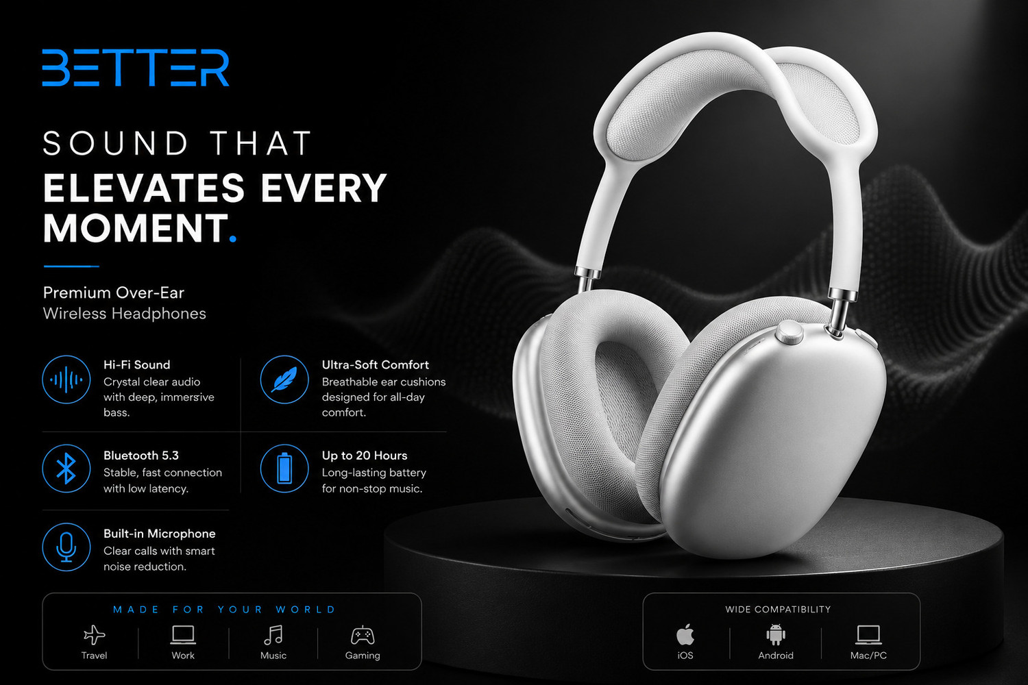 Image of better Wireless Bluetooth Over-Ear Headphones with Hi-Fi Stereo Sound, Bluetooth 5.3 Bluetooth Headset (Green, On the Ear)