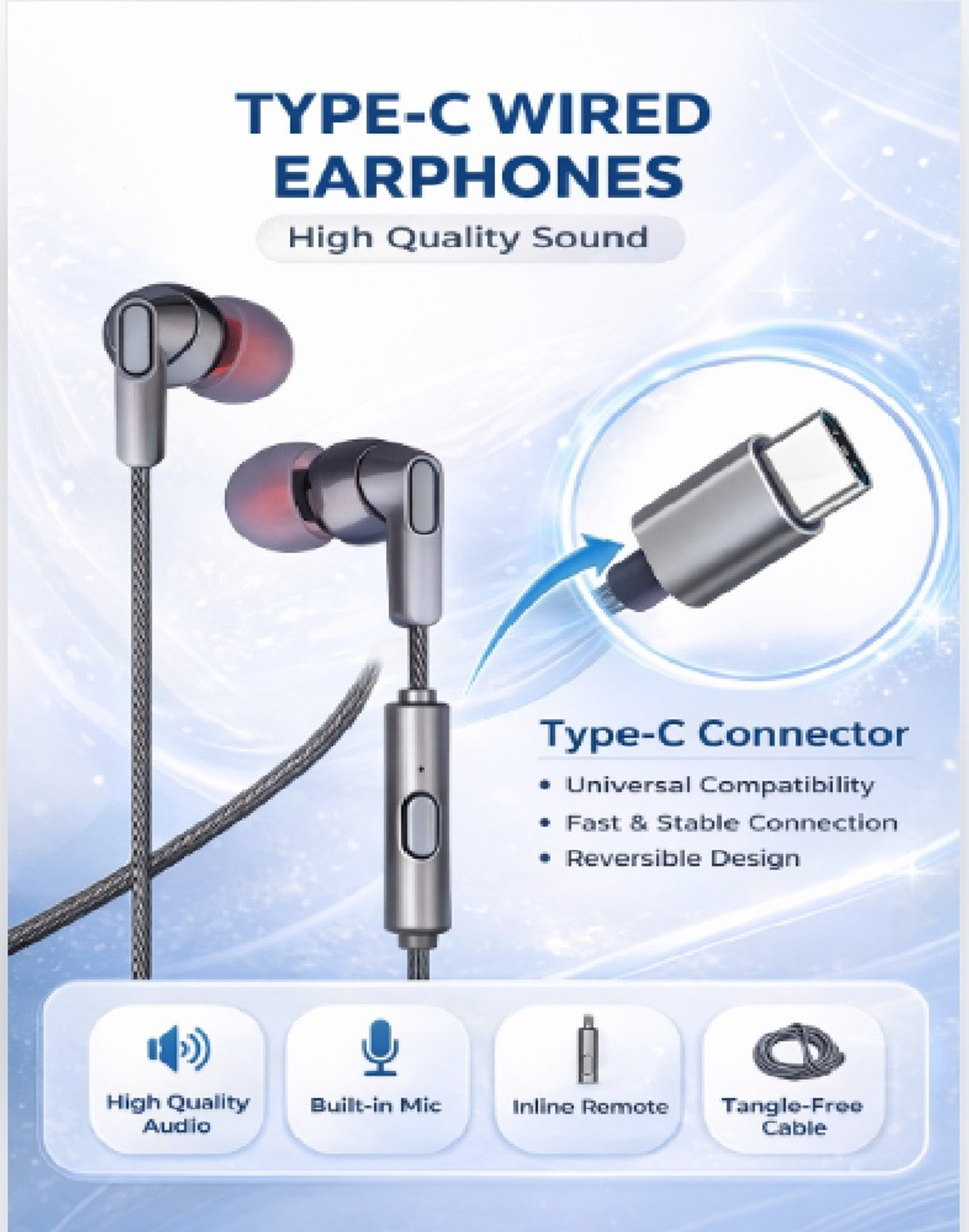 Image of QinPin Type-C Earphones Built in Mic Handsfree Tangle Free Deep Bass Wired