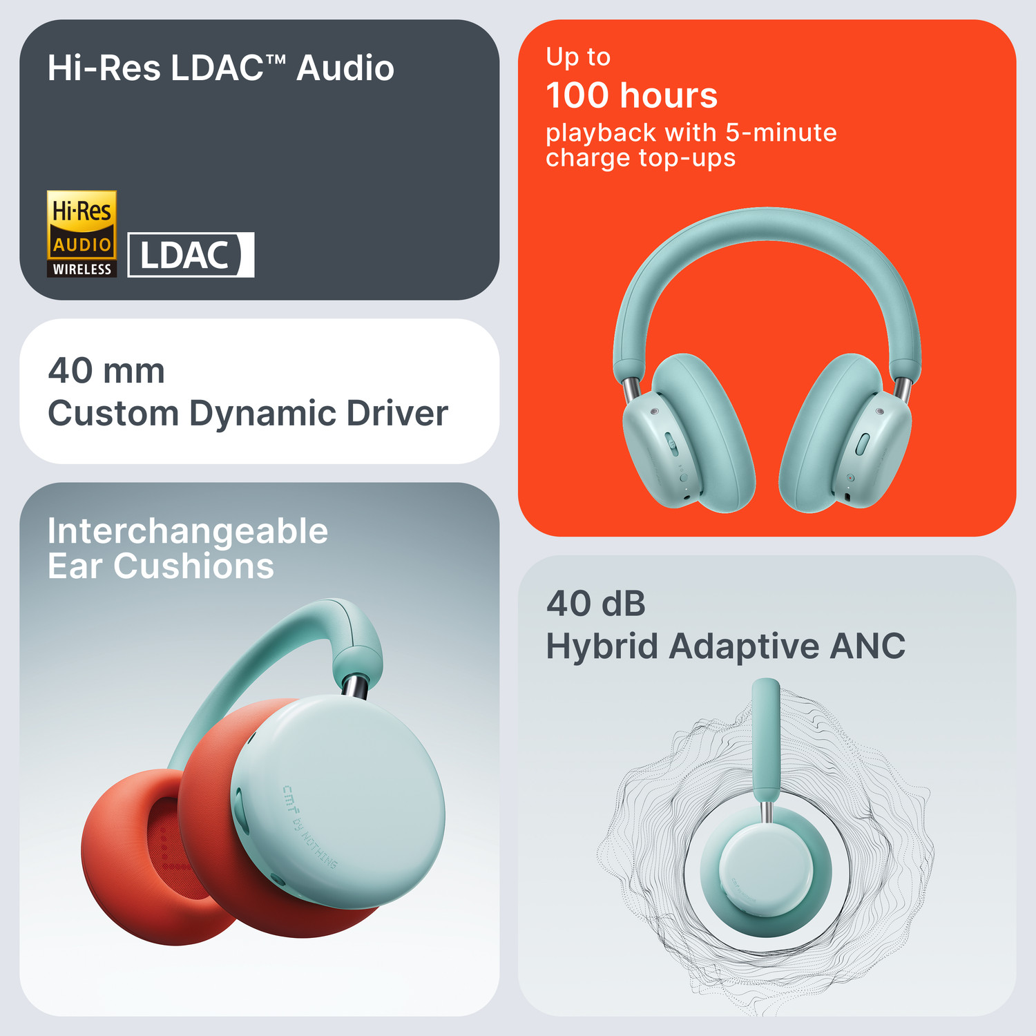 Image of CMF by Nothing Headphone Pro, Hi-Res+LDAC|100hrs Playback|40dB ANC|5min=8hrs Charge|40mm Driver Bluetooth & Wired