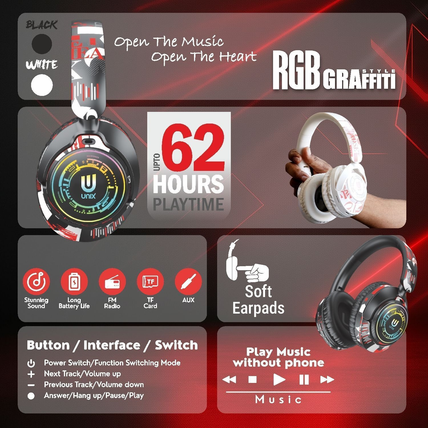 Image of Unix Epic Graffit Wireless Over Ear Headphones Upto 62 Hours Playback, 40MM Drivers Bluetooth