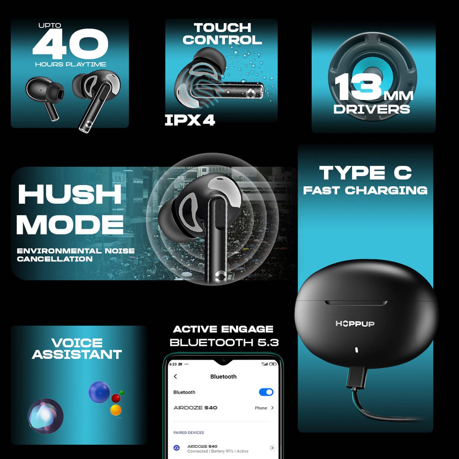 HOPPUP AirDoze S40 Earbuds 13MM Drivers 40H Playtime - Image 2