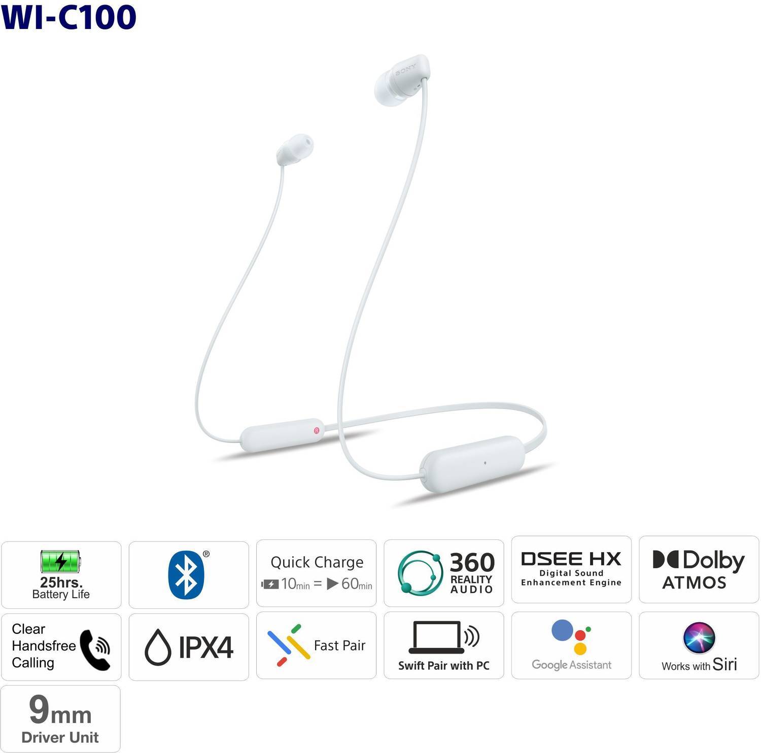 Sony WI-C100 25hr Bluetooth Neckband Earphones - Image 4