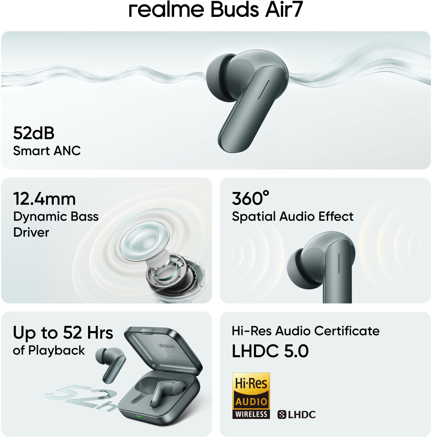 Image of realme Buds Air7 with 52dB ANC, 12.4mm Driver, 52hrs Playback, IP55 & 45ms Low Latency Bluetooth