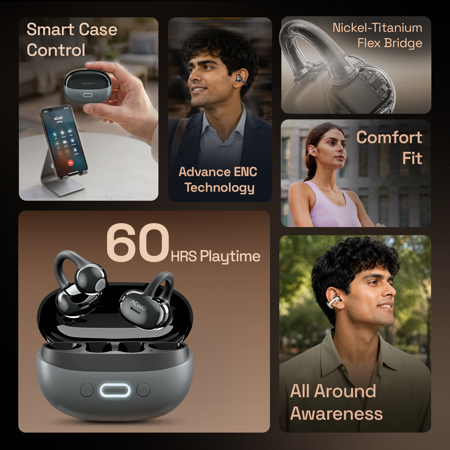 Image of ACwO DwOTS Flow 2 Open Ear Wireless Earbuds, 60H Playtime, AI ENC, Dual Connectivity Bluetooth