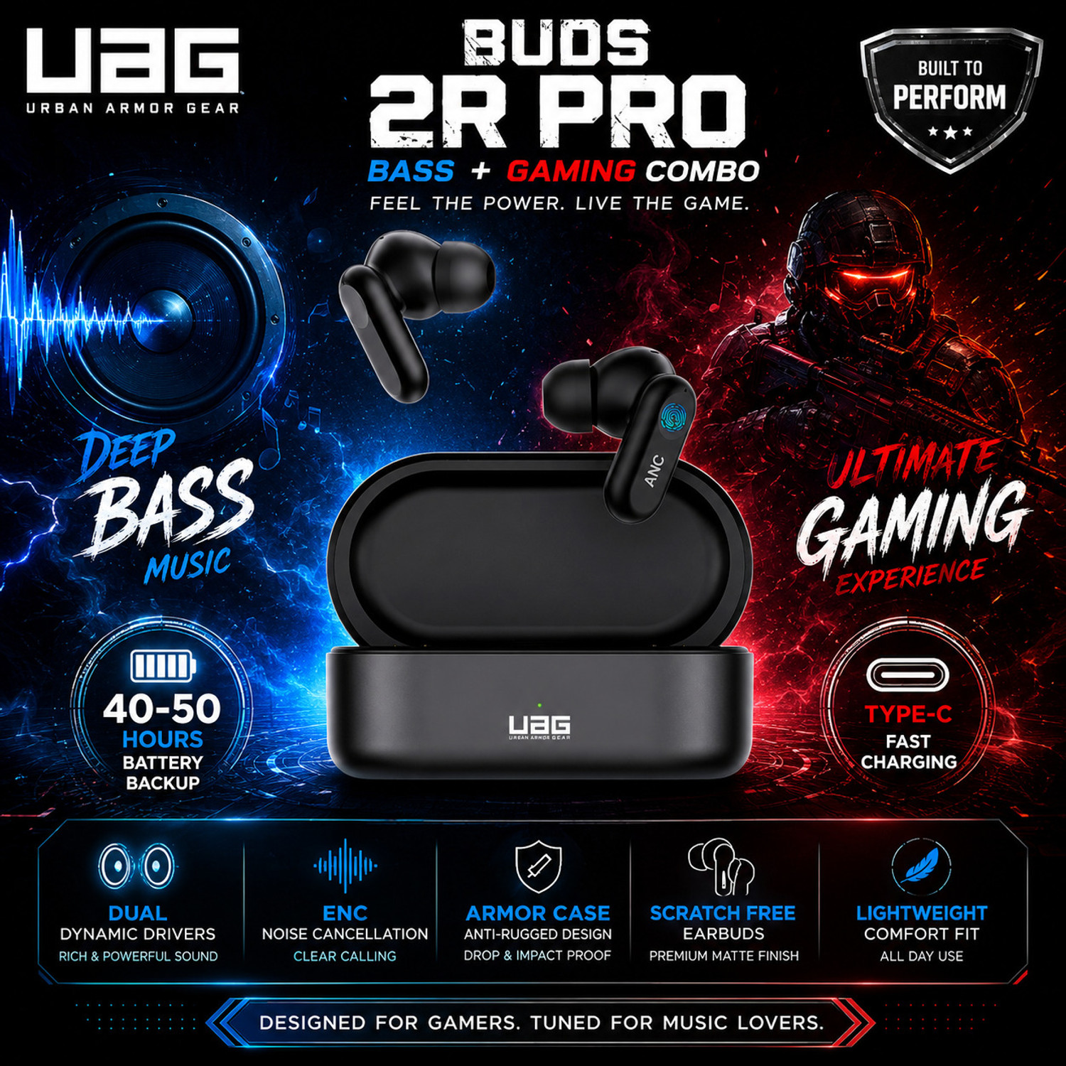 Image of uag urbn armour gear UAG Buds 2R Phantom ANC - 40H Playback Gaming Earbuds Bluetooth