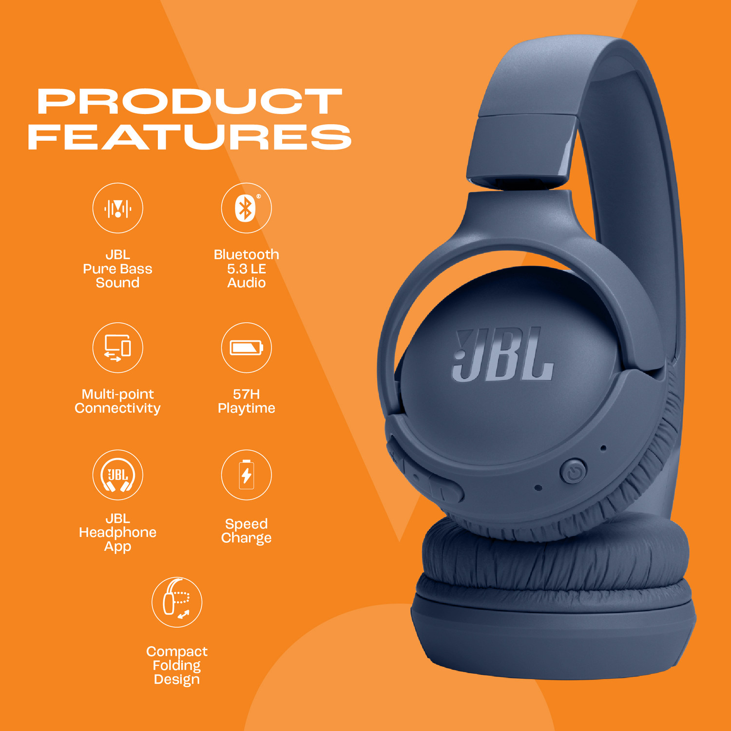 Image of JBL Tune 520 BT 57Hr Playtime, Pure Bass, Multi Connect Bluetooth Headset, BT 5.3LE Bluetooth