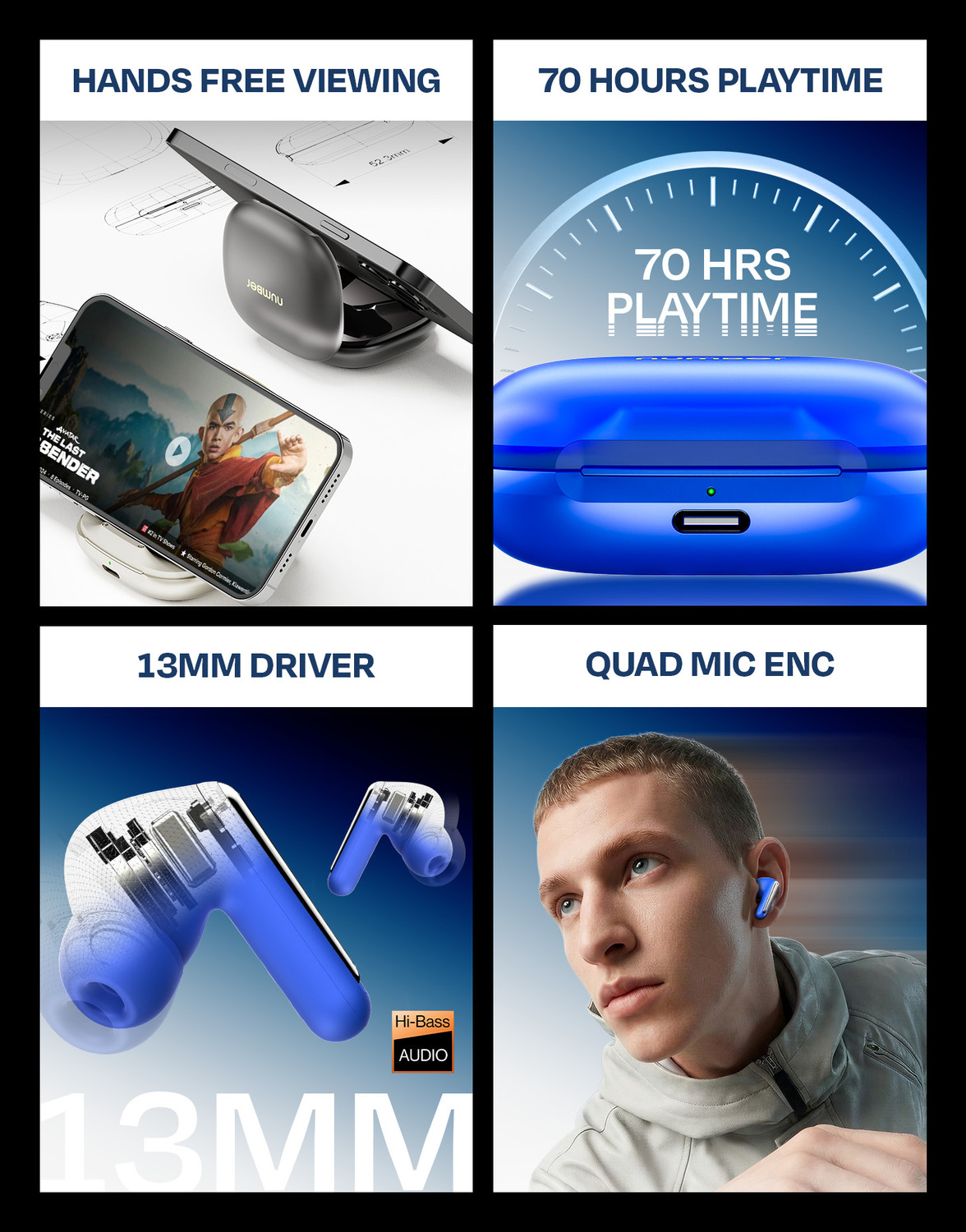 Image of Number GoTo Buds A1 70H Battery, Dual Pairing, 4 Mic ENC, Phone Stand, Low Latency,v6.0 Bluetooth