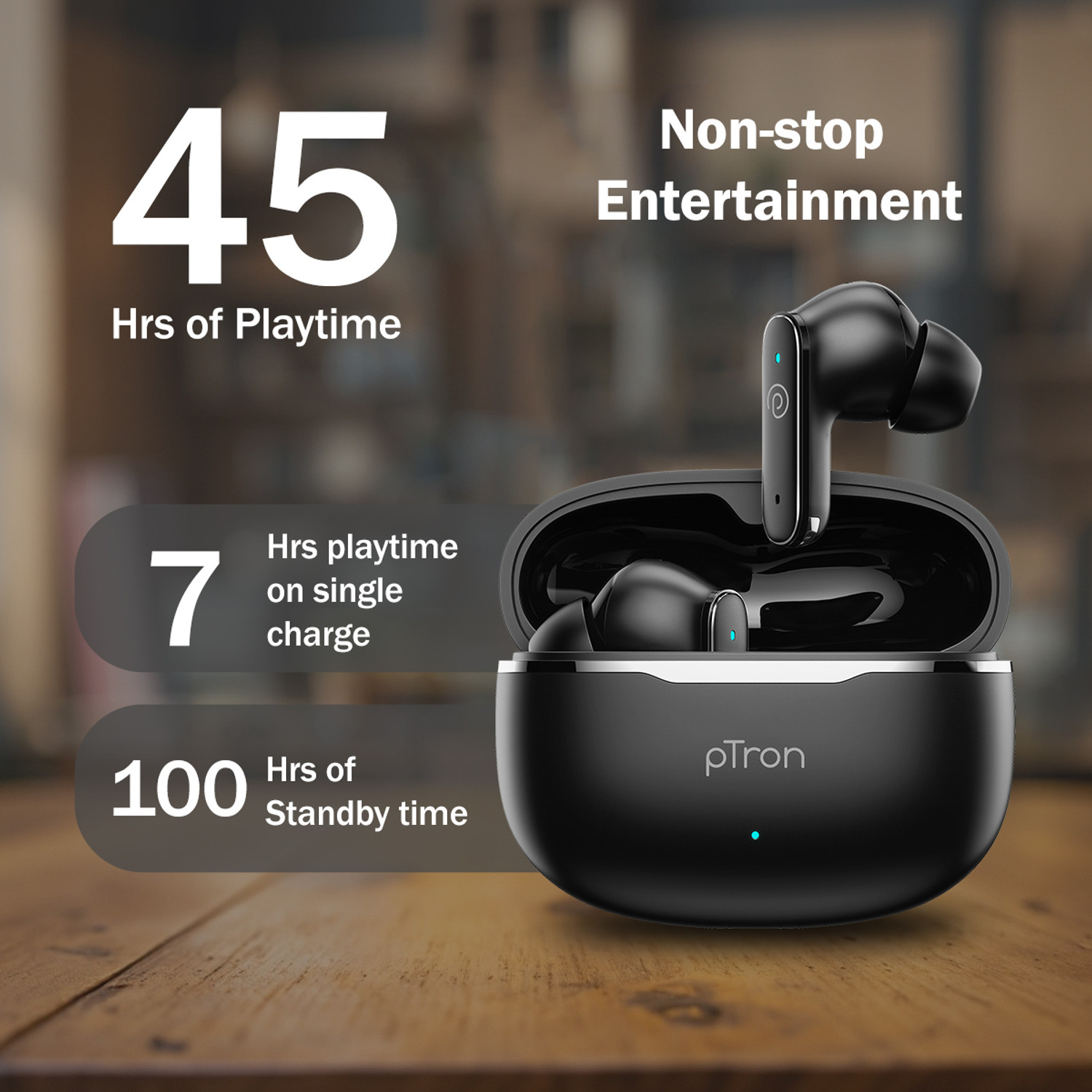 Image of PTron Bassbuds Eon w / 45hrs Playtime, 13mm Drivers, AI-ENC Calls,Custom EQ, Mobile App Bluetooth